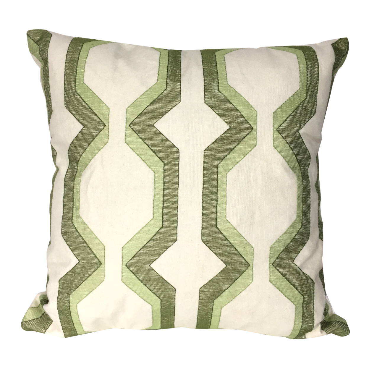 Contemporary Cotton Pillow With Geometric Embroidery, Green And White- Saltoro Sherpi