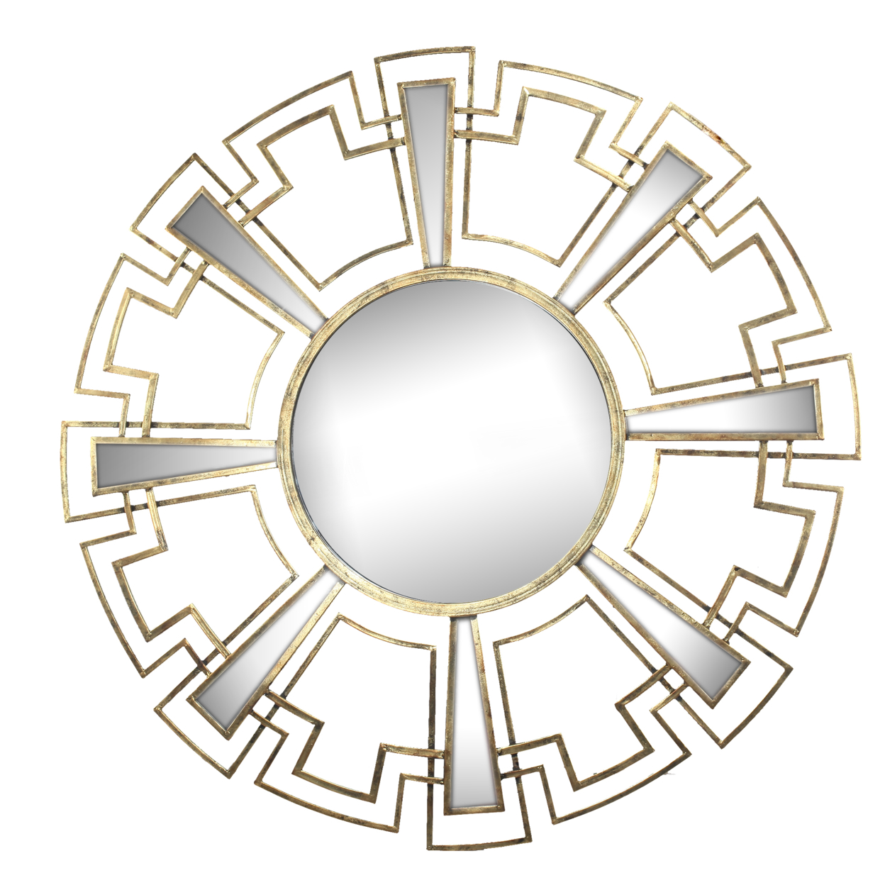 Round Sunburst Wall Mirror With Geometric Design Metal Frame, Gold- Saltoro Sherpi