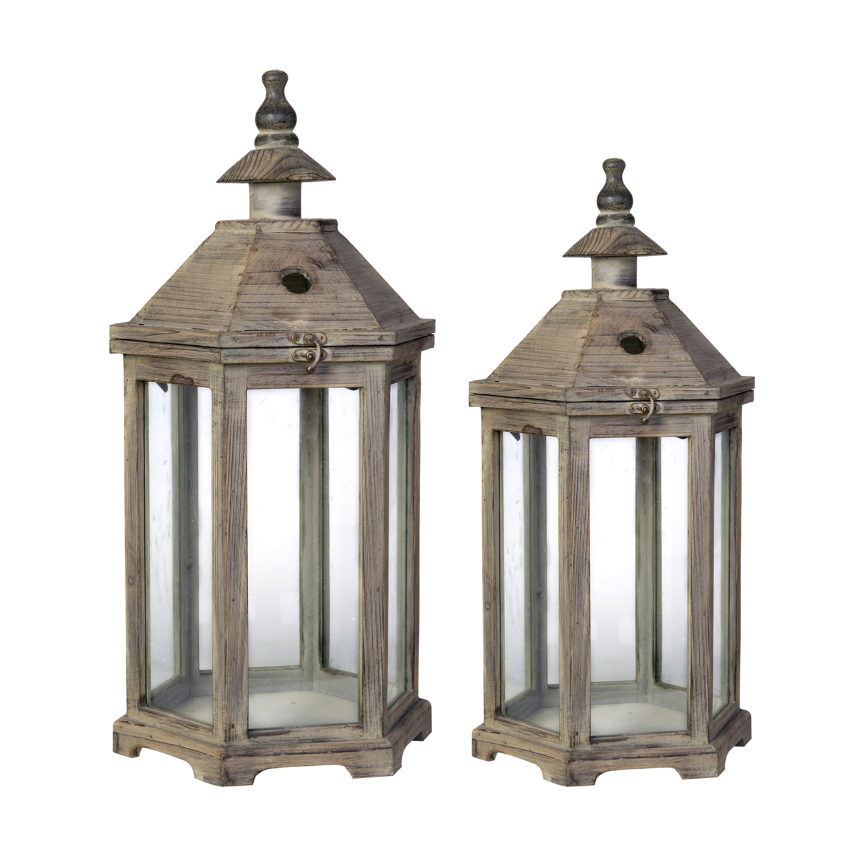 Temple Design Wooden Lantern With Glass Panels, Brown, Set Of 2- Saltoro Sherpi