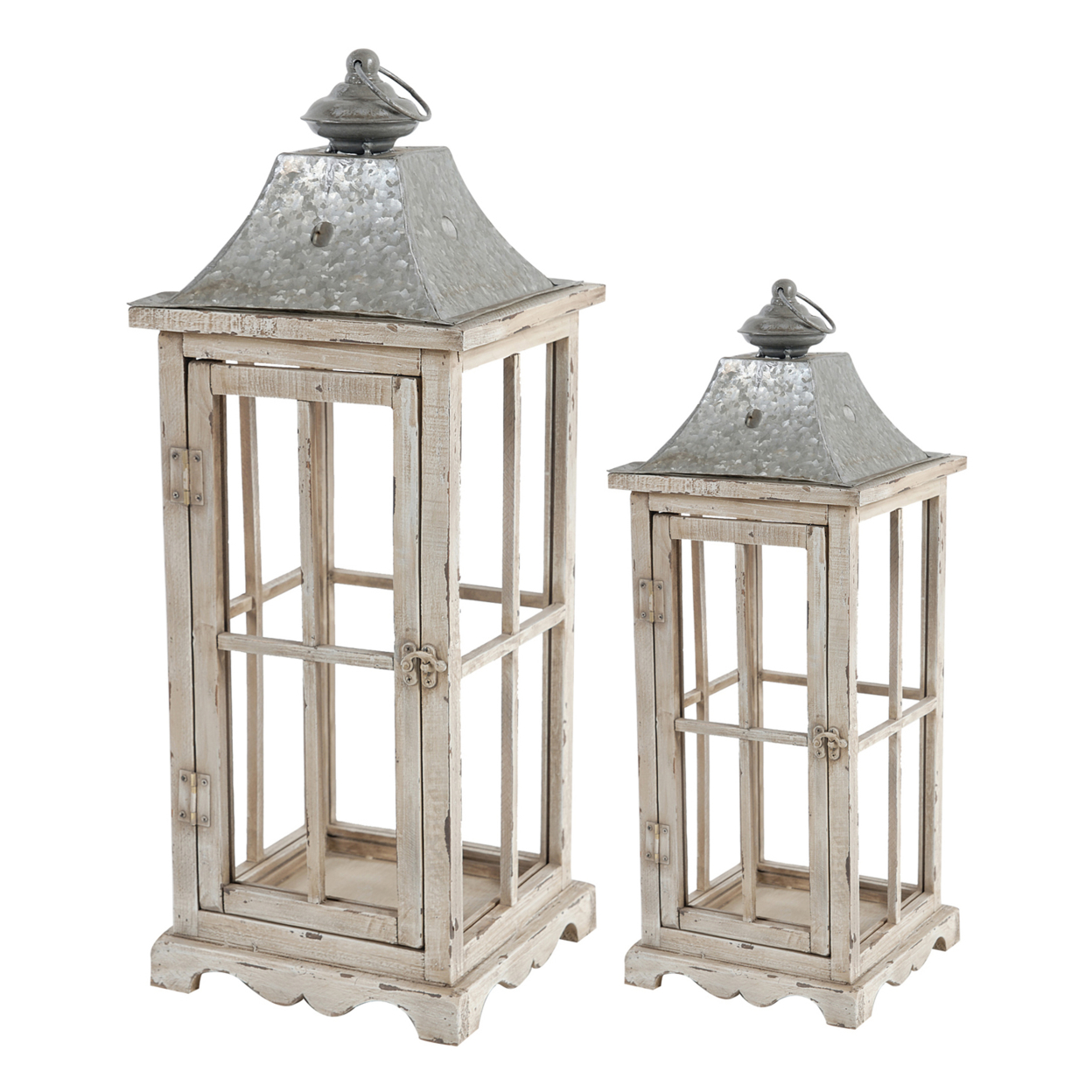 Wood And Metal Lanterns With Window Pane Design, White, Set Of 2- Saltoro Sherpi