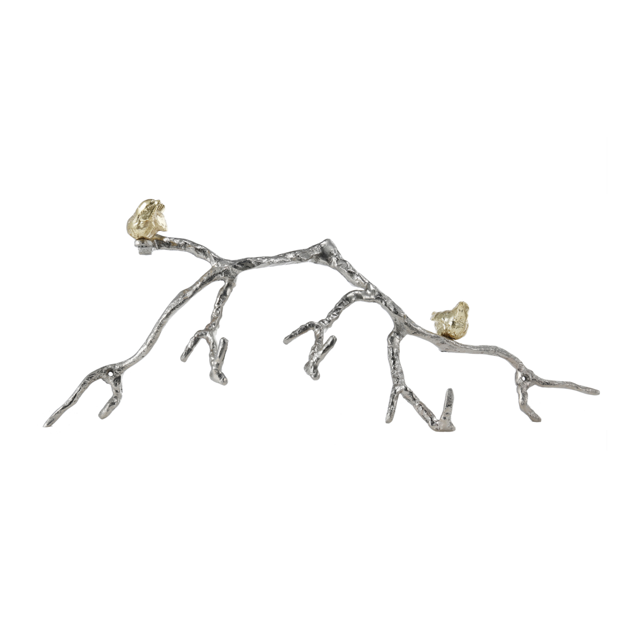 Decorative Wall Hook Branch Shaped With Birds Apogee, Silver And Gold- Saltoro Sherpi