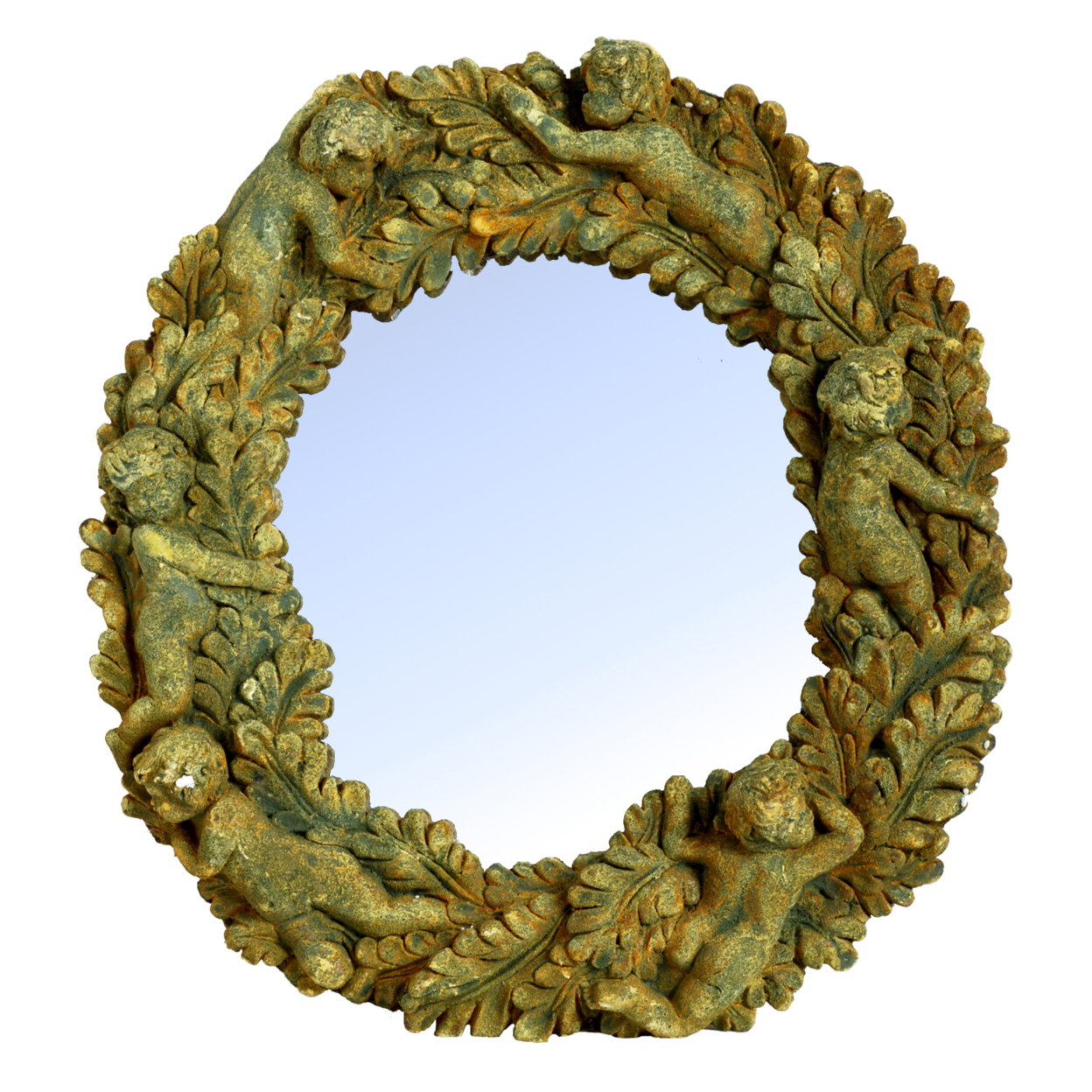 Round Wall Decorative Mirror With Thick Cemented Border, Rustic Green- Saltoro Sherpi