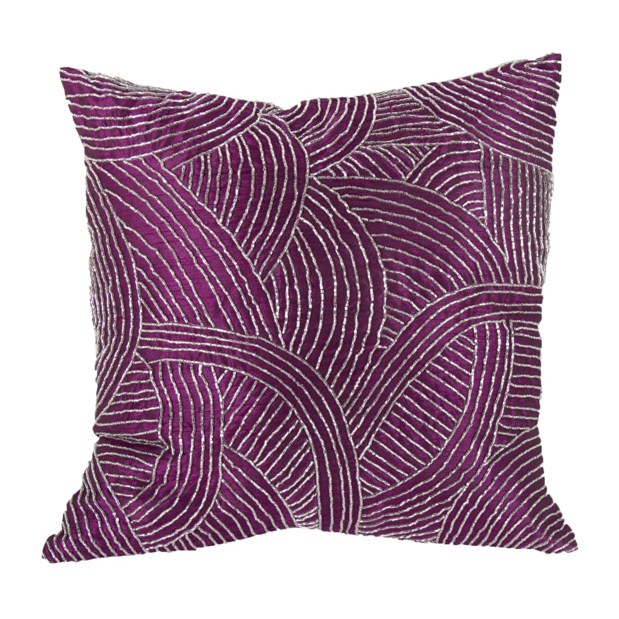 Contemporary Poly Silk Pillow With Geometric Design, Purple And Silver- Saltoro Sherpi