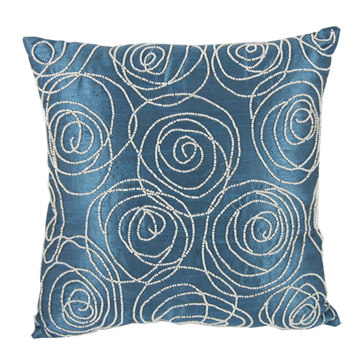 Faux Silk Cotton Pillow With Pearl Beads, Blue And Silver,- Saltoro Sherpi