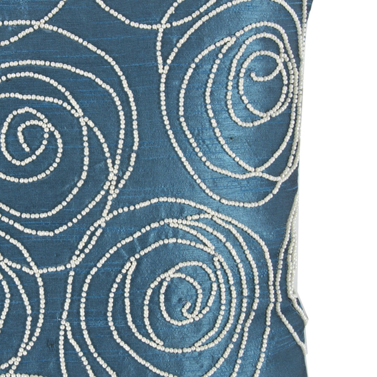 Faux Silk Cotton Pillow With Pearl Beads, Blue And Silver,- Saltoro Sherpi