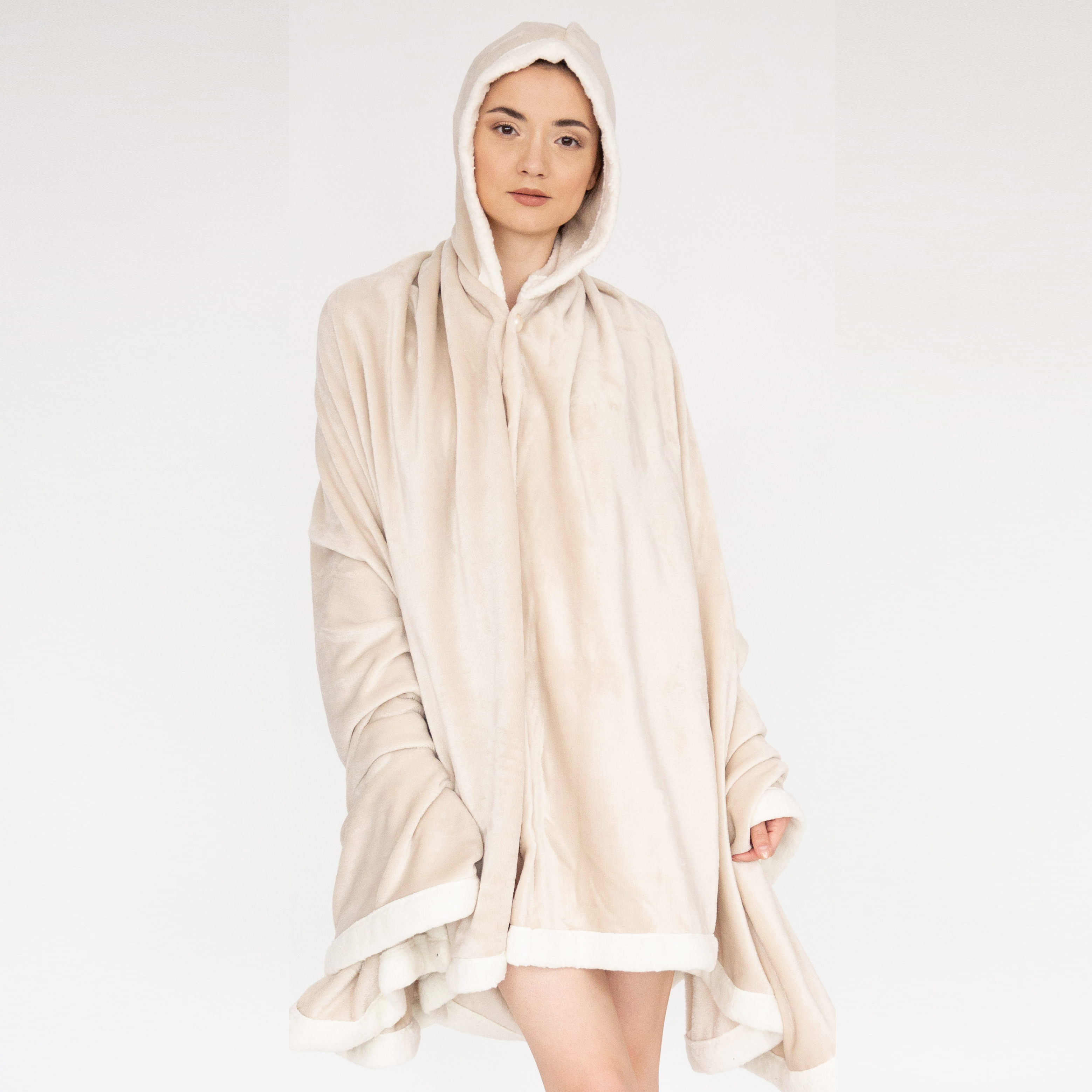 Ultra-Soft Snuggle Hooded Blanket Robe With Sherpa Trim - Beige