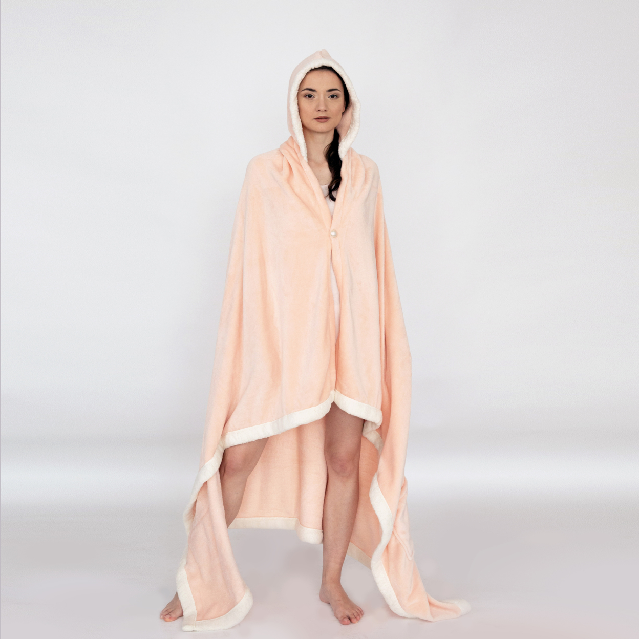 Ultra-Soft Snuggle Hooded Blanket Robe With Sherpa Trim - Beige