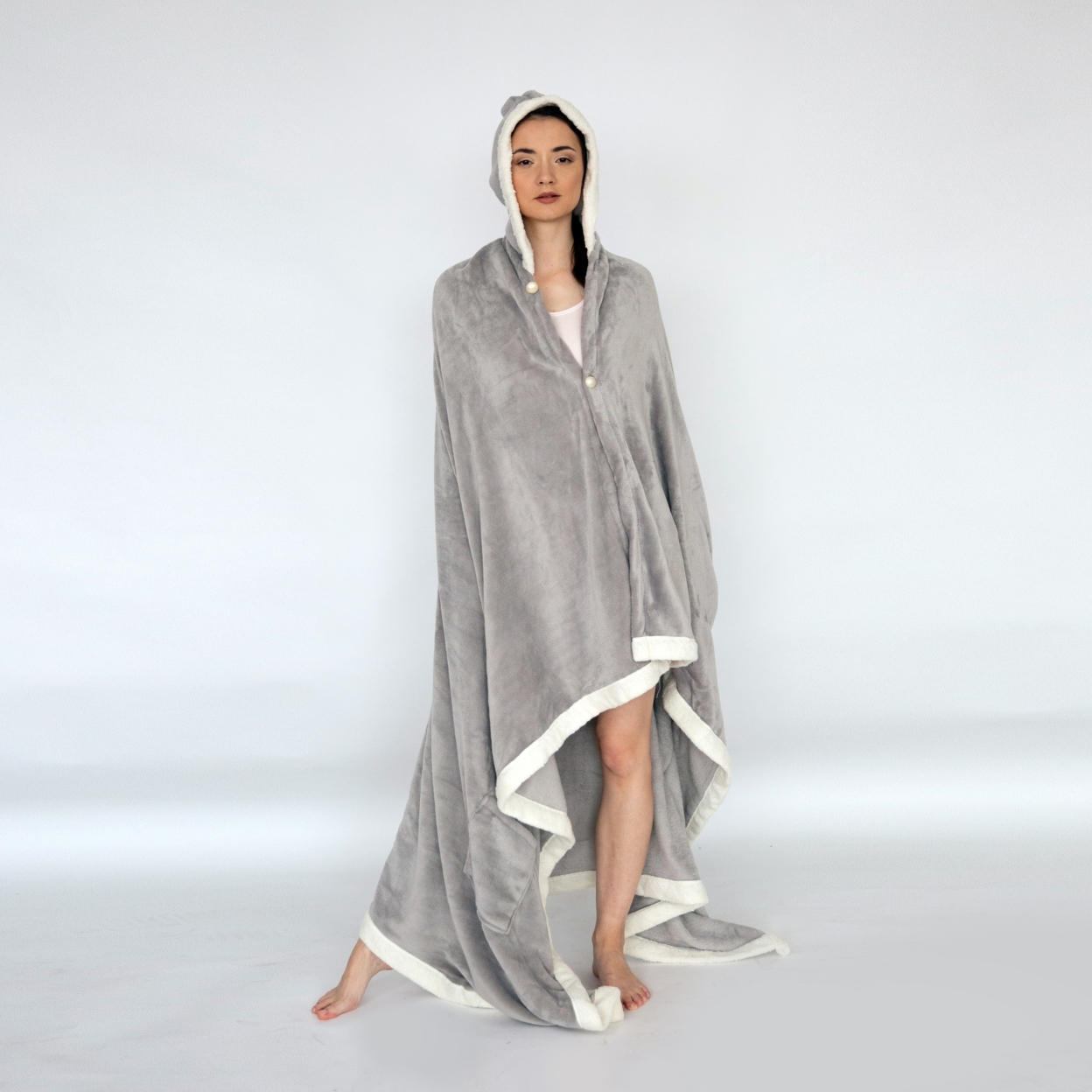 Ultra-Soft Snuggle Hooded Blanket Robe With Sherpa Trim - Grey