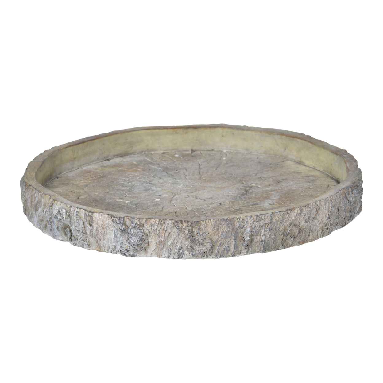 Distressed Round Shape Cemented Log Plate, Gray- Saltoro Sherpi