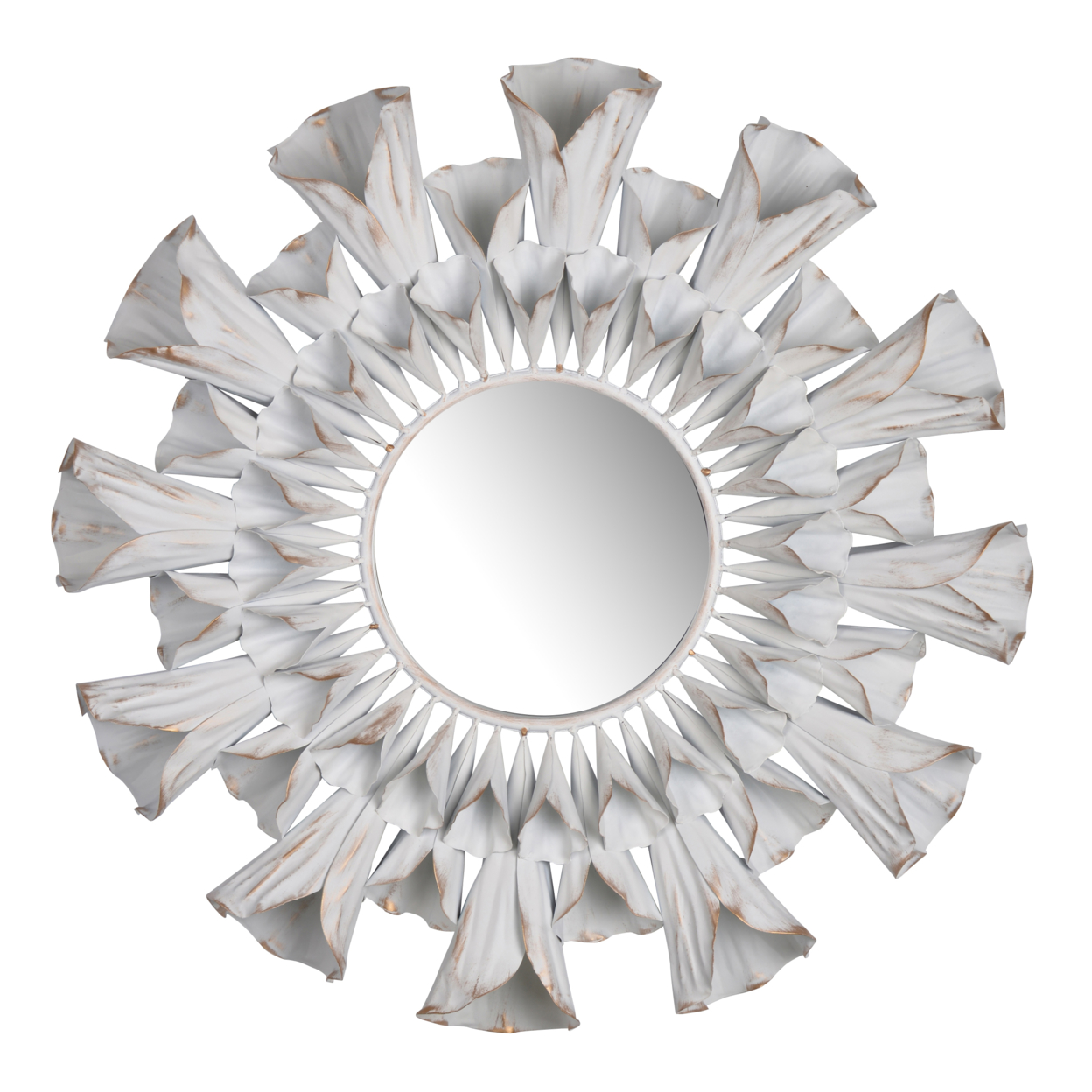 Decorative Metal Wall Mirror With Floral Accents, White And Clear- Saltoro Sherpi