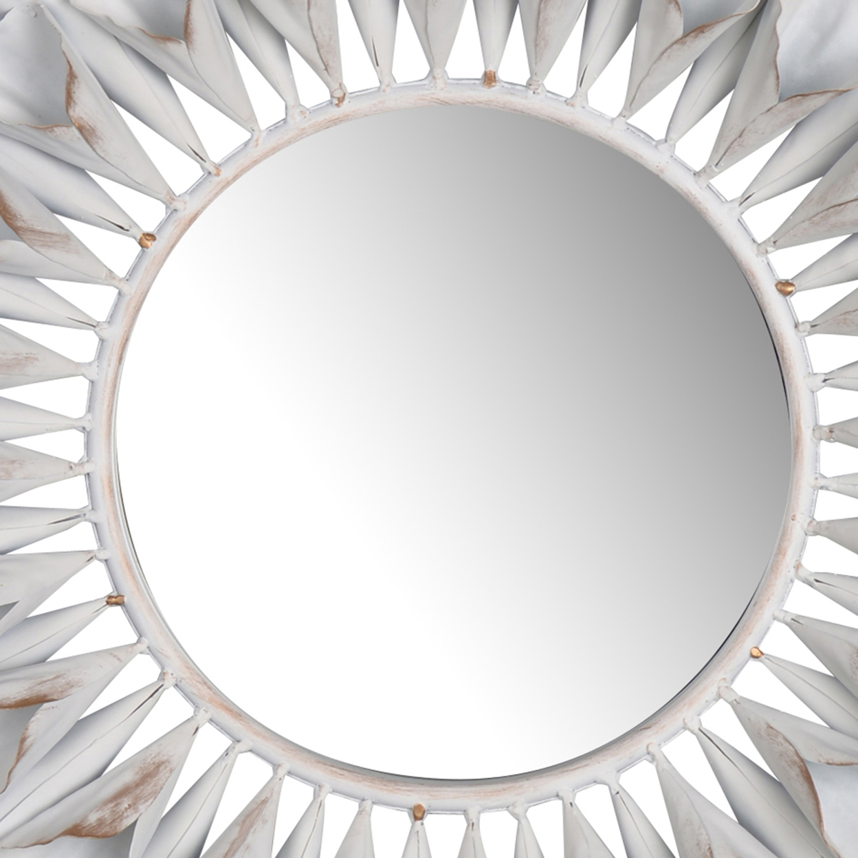 Decorative Metal Wall Mirror With Floral Accents, White And Clear- Saltoro Sherpi