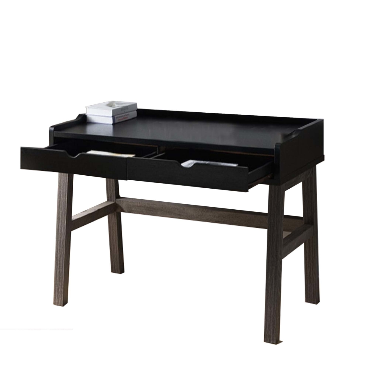 Dual Toned Wooden Desk With Two Sleek Drawers And Slightly Splayed Legs, Gray And Black- Saltoro Sherpi