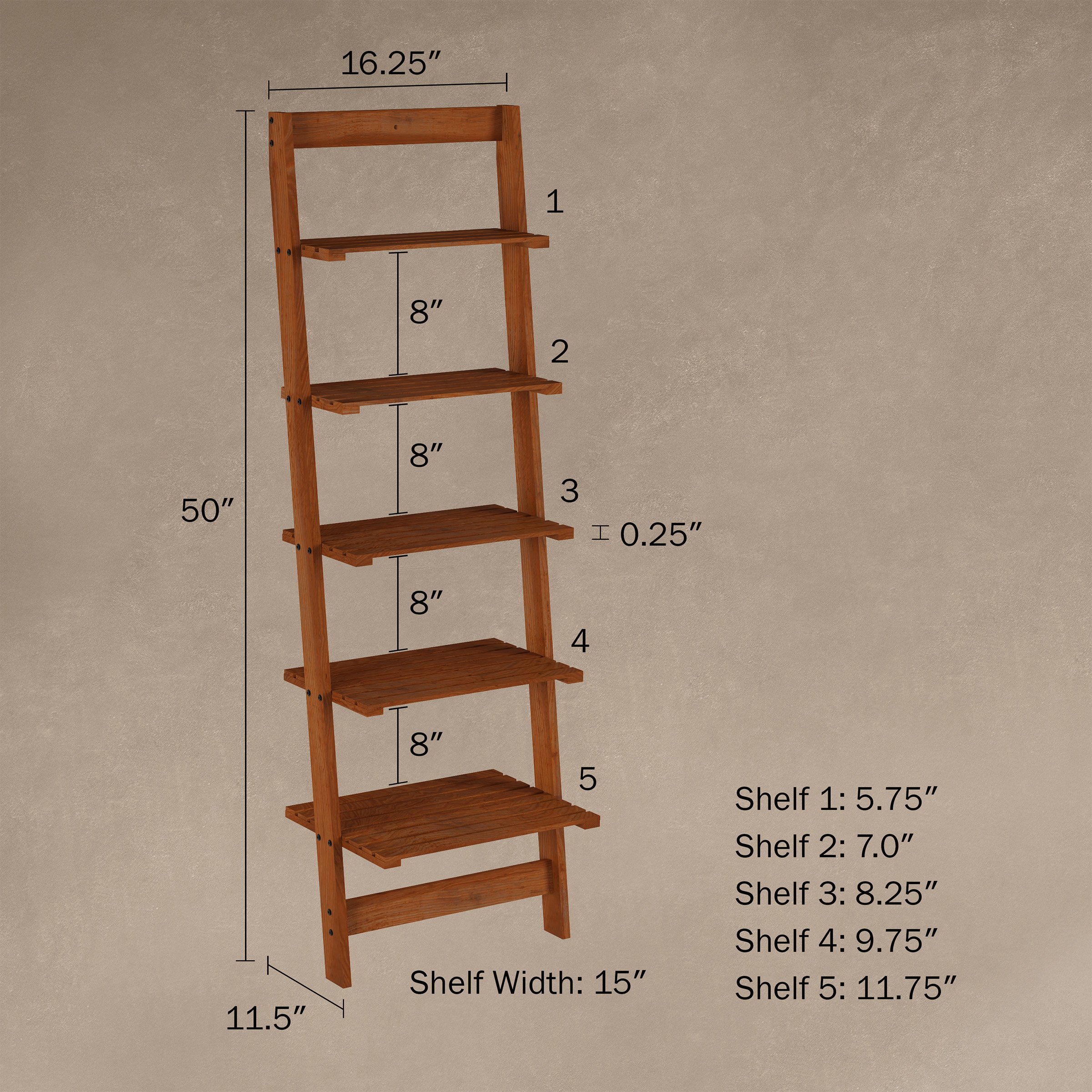 Five Shelf Ladder Style Wooden Storage Bookshelf Display Cherry Finish