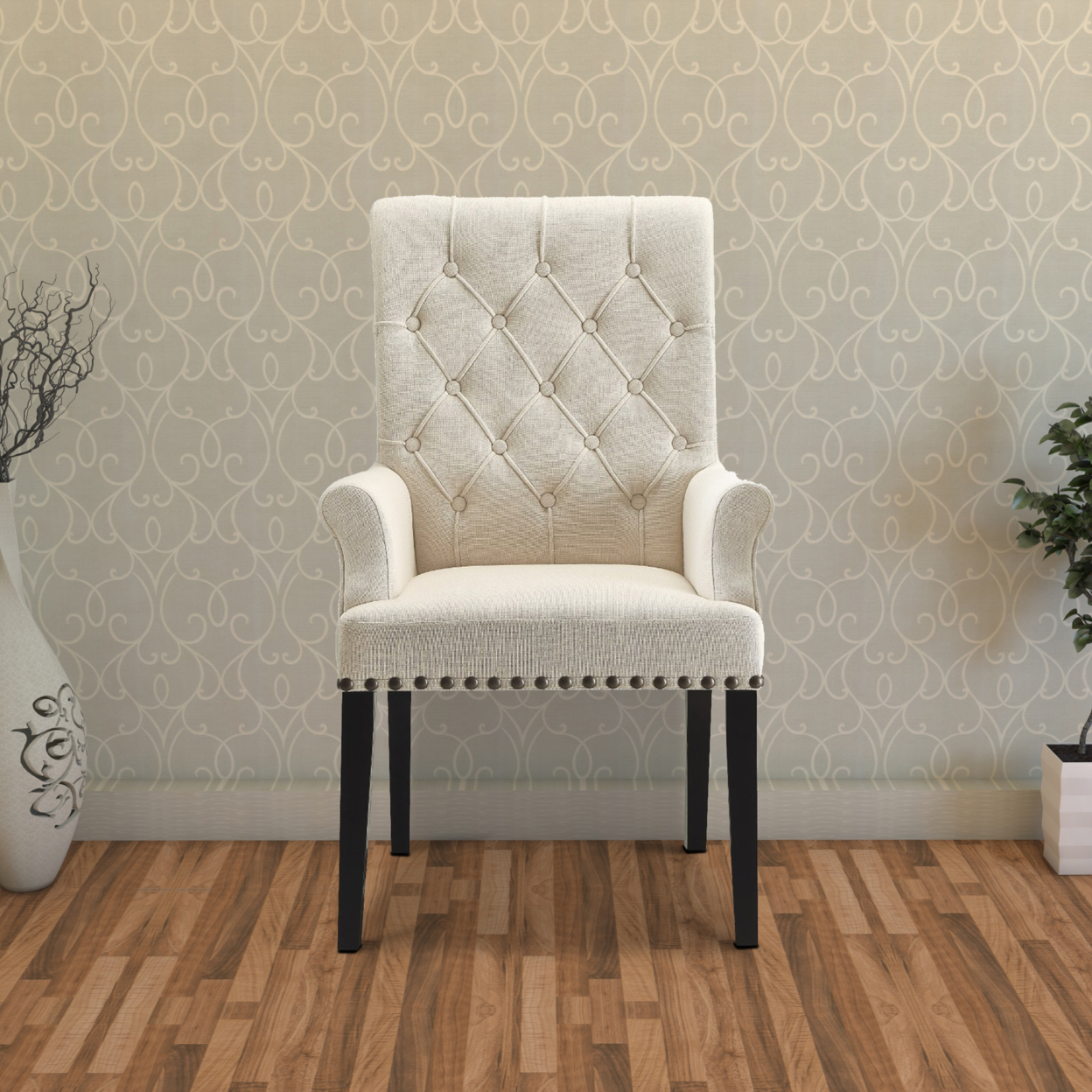 Diamond Tufted Upholstered Dining Chair, Cream & Smokey Black- Saltoro Sherpi
