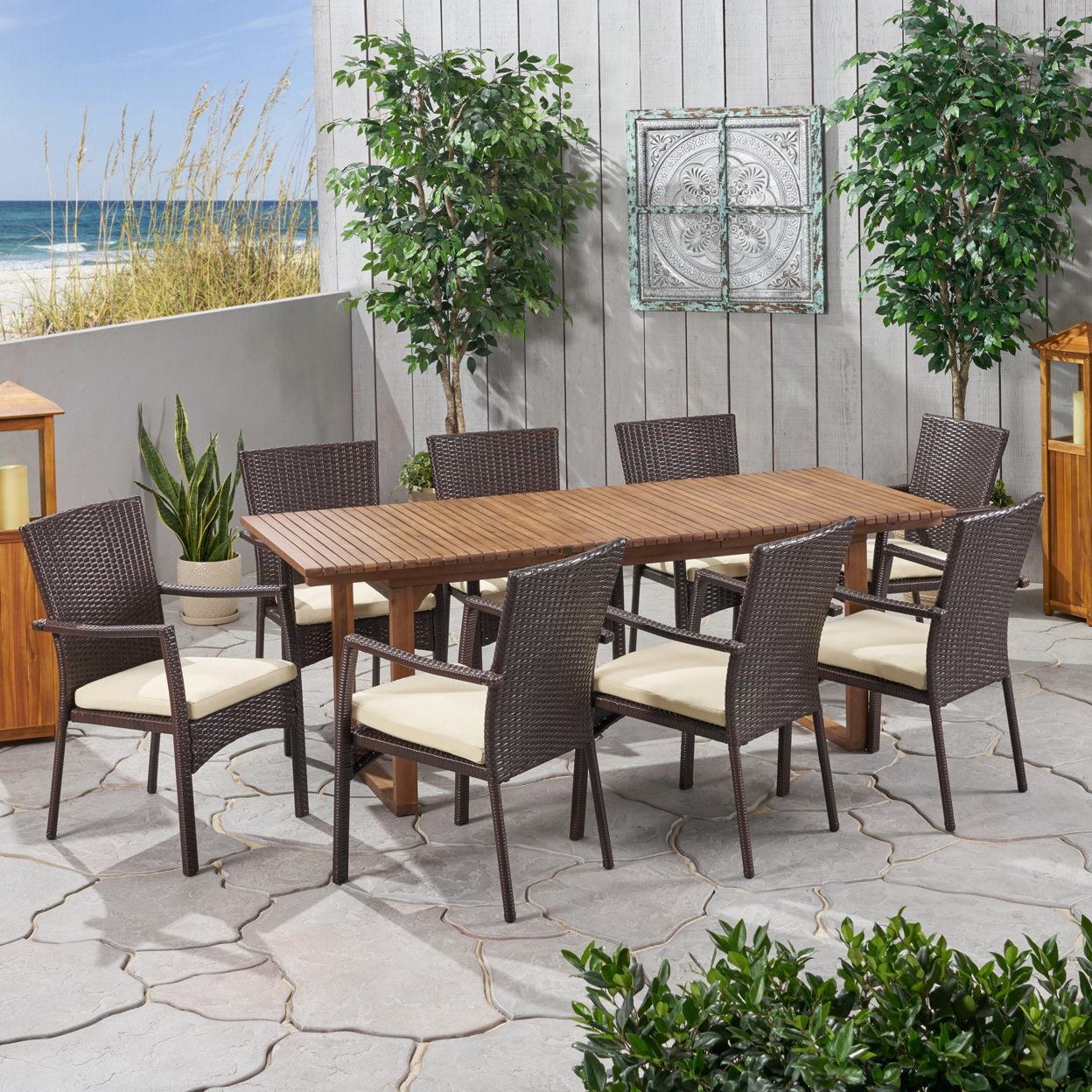 Monica Outdoor 8 Seater Expandable Wood And Wicker Dining Set