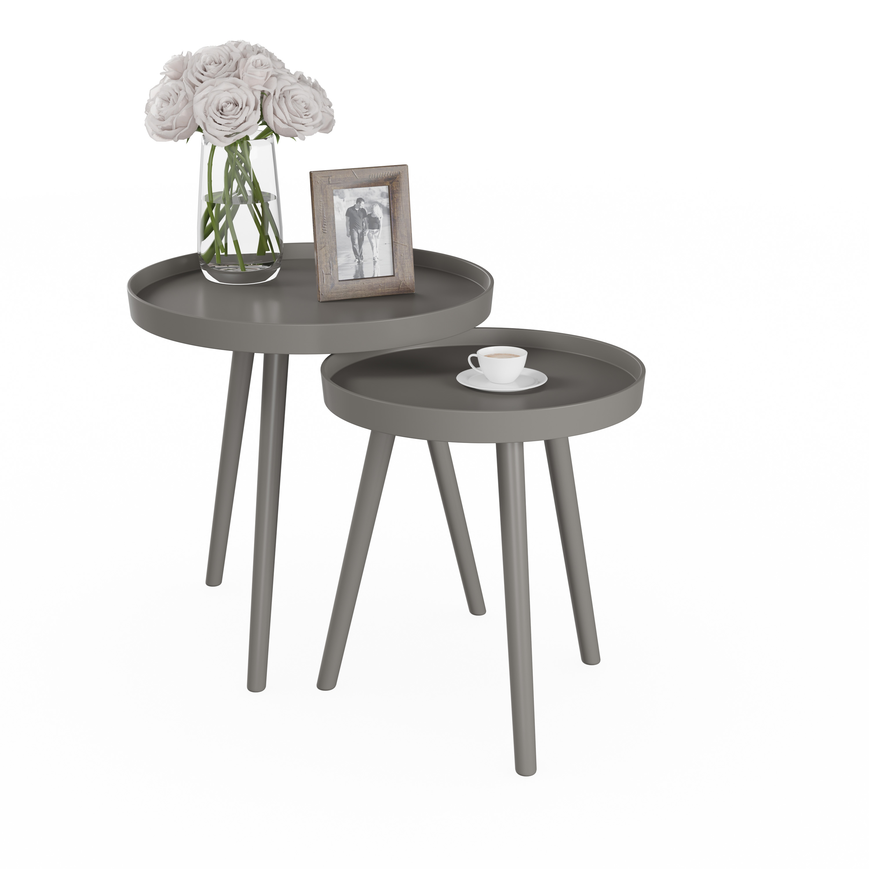 Set Of 2 Round Nesting Tables Rimmed End Tables Home Decor Night Stands Accent Tables - Gray