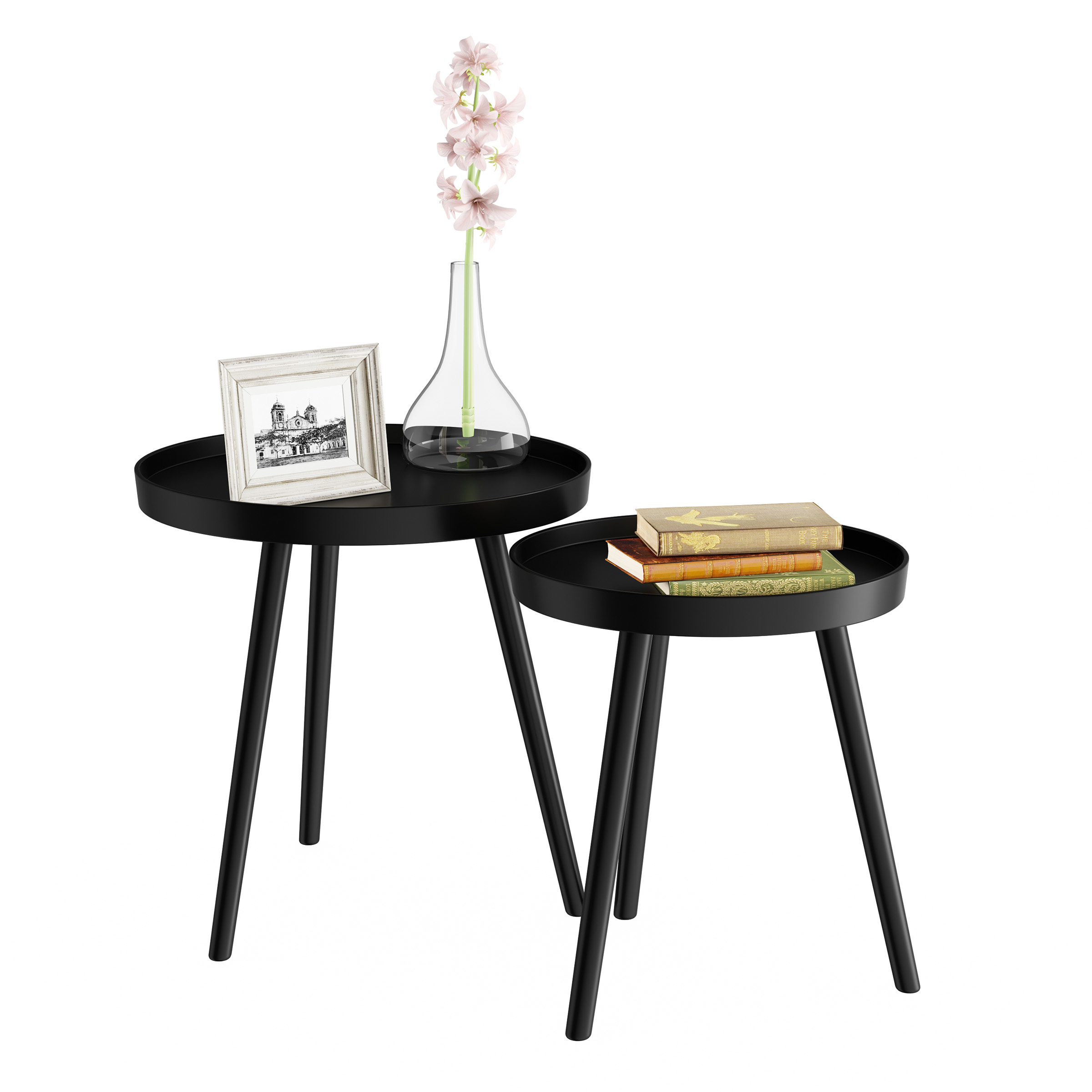 Set Of 2 Round Nesting Tables Rimmed End Tables Home Decor Night Stands Accent Tables - Black