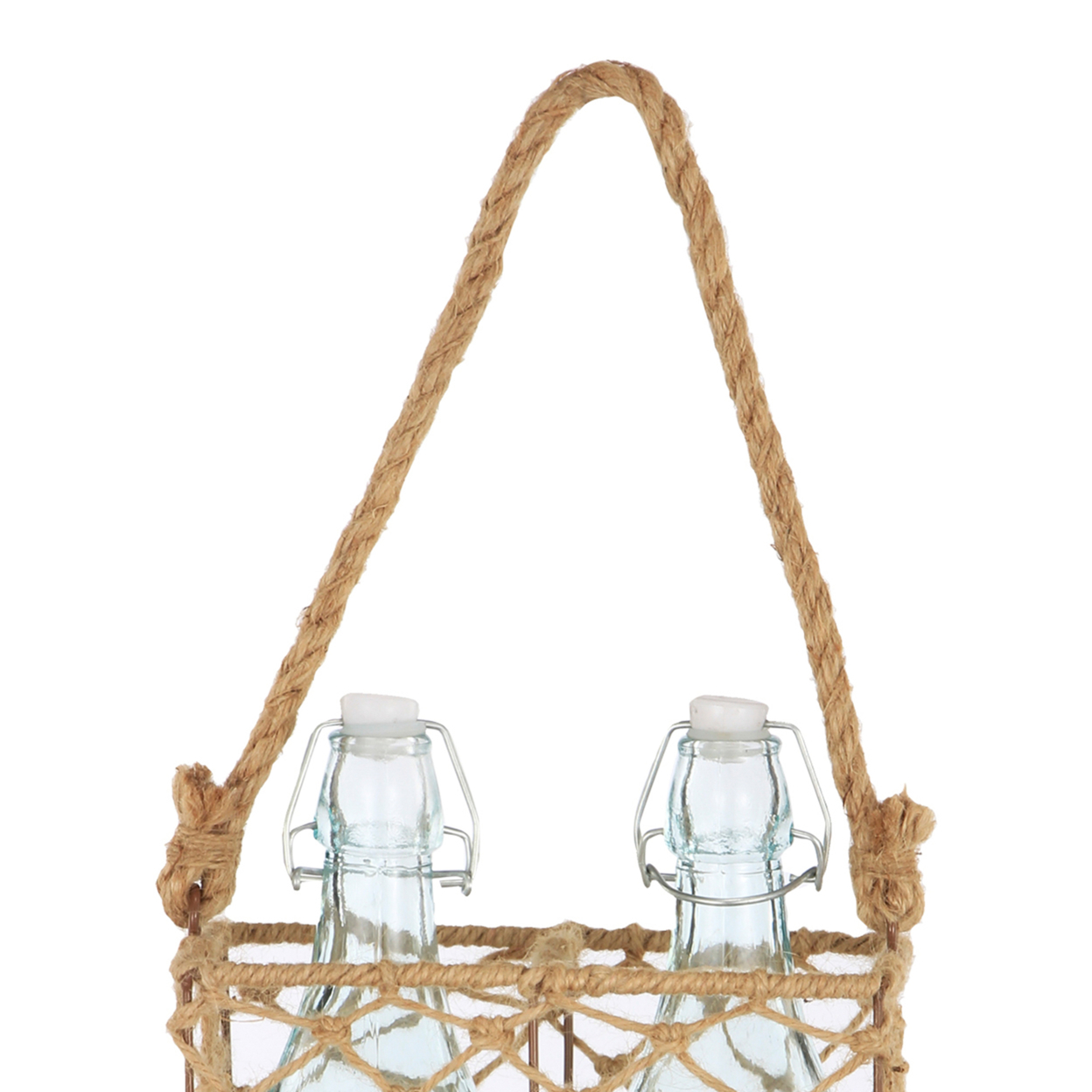 3 Piece Jute Woven Metal Basket With Glass Bottles, Brown- Saltoro Sherpi