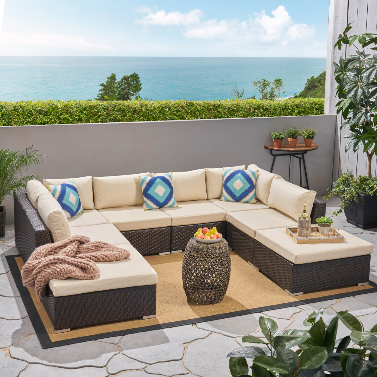 Salome Outdoor 6 Seater Wicker Sofa Set With Aluminum Frame And Cushions