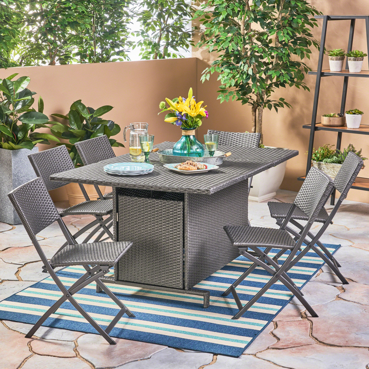 Jerry Outdoor 7 Piece Foldable Wicker Dining Set
