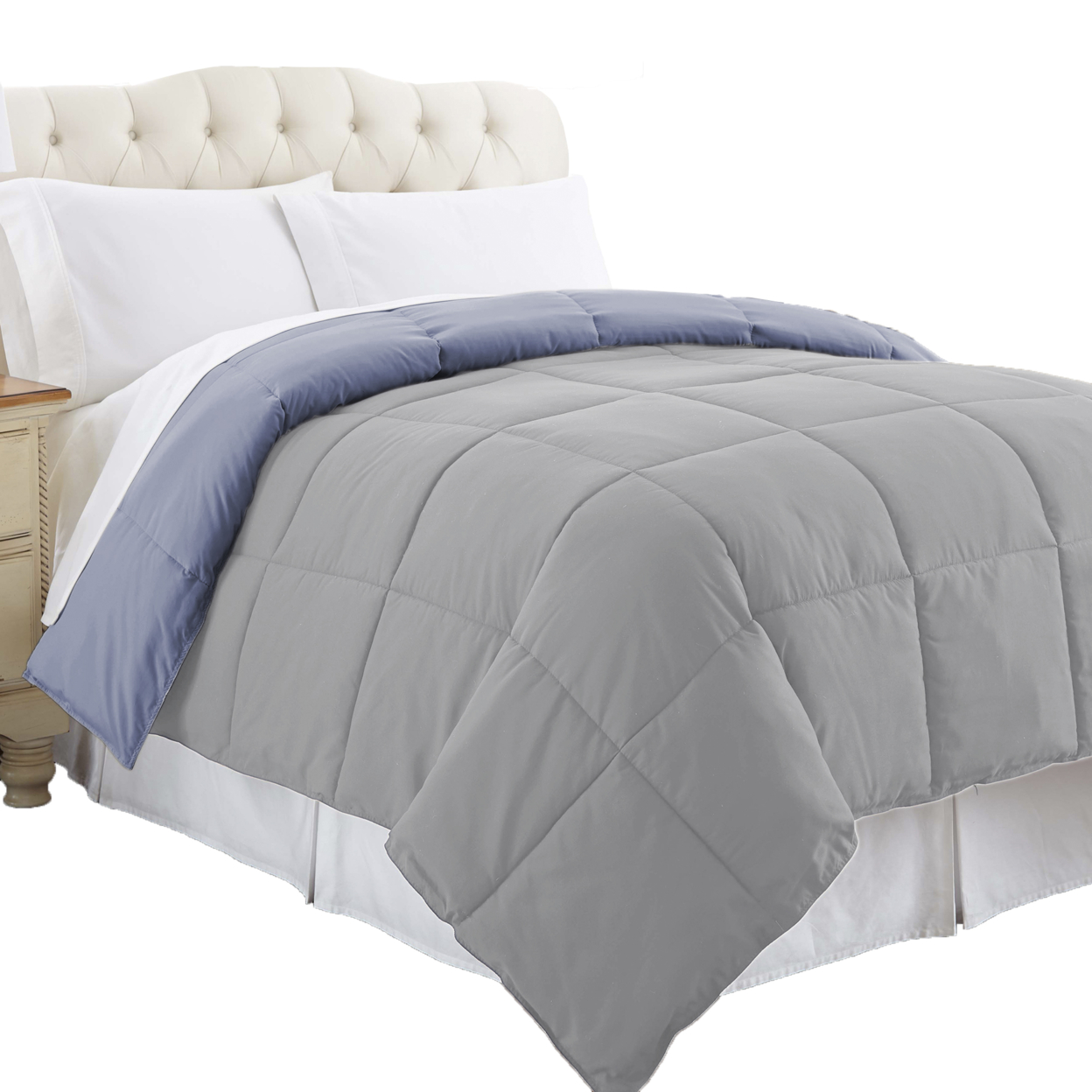 Genoa Reversible King Comforter With Box Quilted The Urban Port, Silver And Blue- Saltoro Sherpi