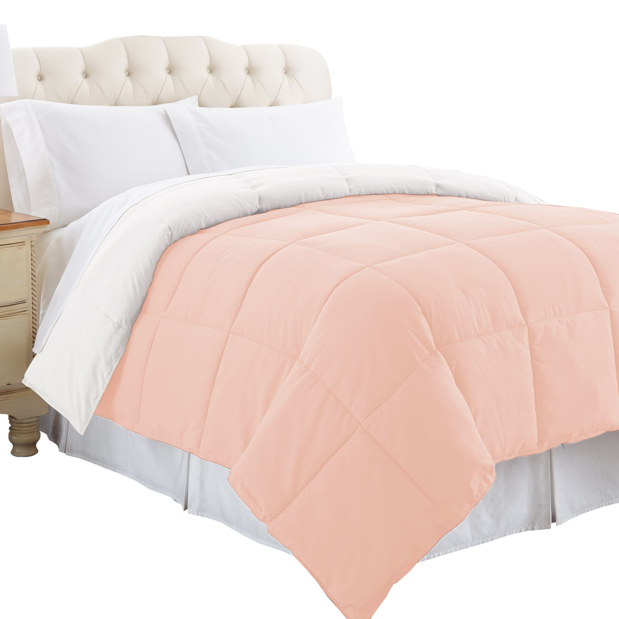 Genoa Queen Size Box Quilted Reversible Comforter The Urban Port, White And Pink- Saltoro Sherpi