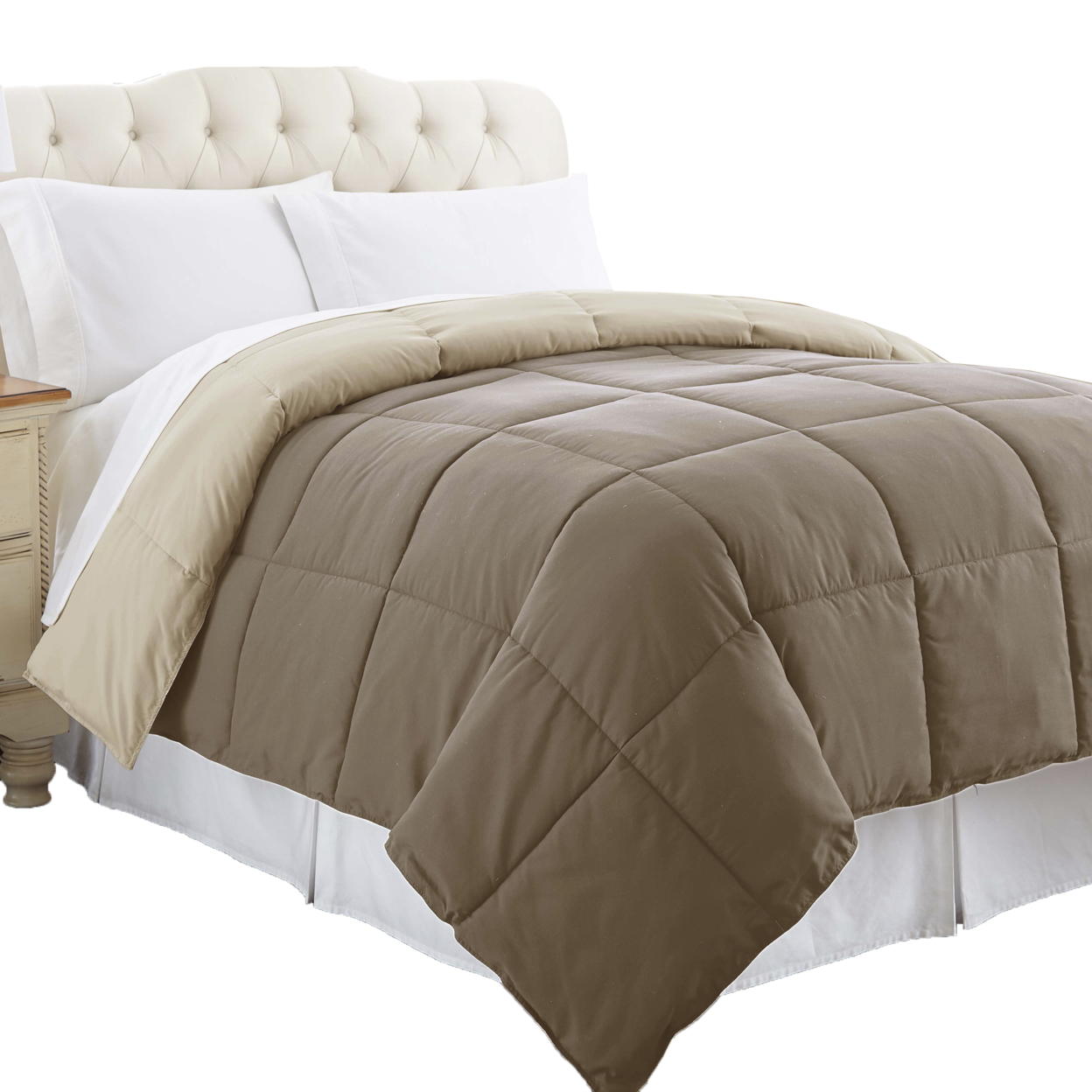 Genoa Queen Size Box Quilted Reversible Comforter The Urban Port, Brown And Gold- Saltoro Sherpi