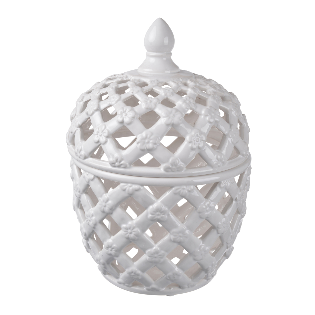 Decorative Ceramic Lidded Jar With Cut Out Texture, Large, White- Saltoro Sherpi