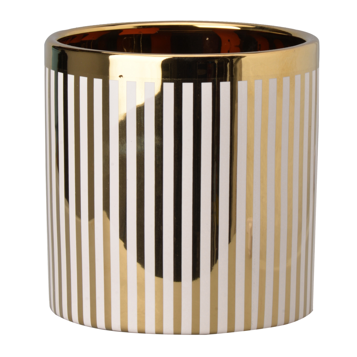 Ceramic Cylindrical Planter With Strips Pattern, White And Gold- Saltoro Sherpi