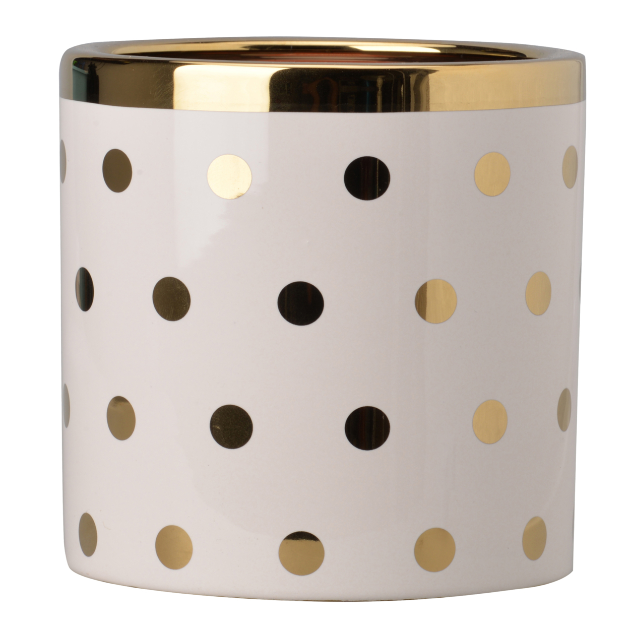 Ceramic Cylindrical Planter With Polka Dots Pattern, White And Gold- Saltoro Sherpi