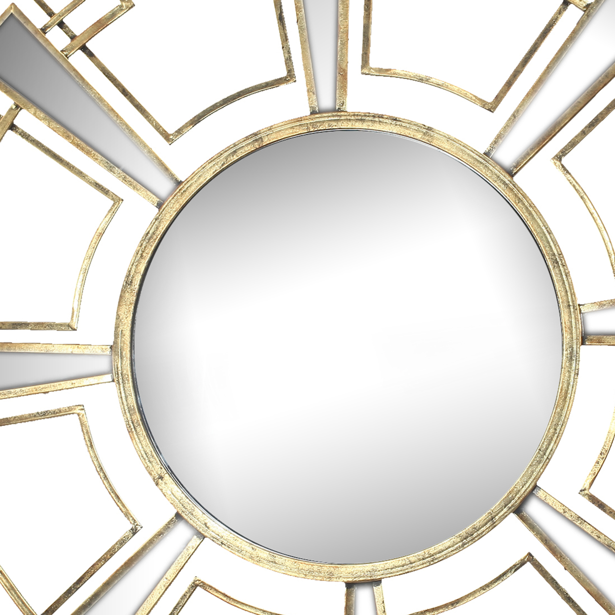 Round Sunburst Wall Mirror With Geometric Design Metal Frame, Gold- Saltoro Sherpi