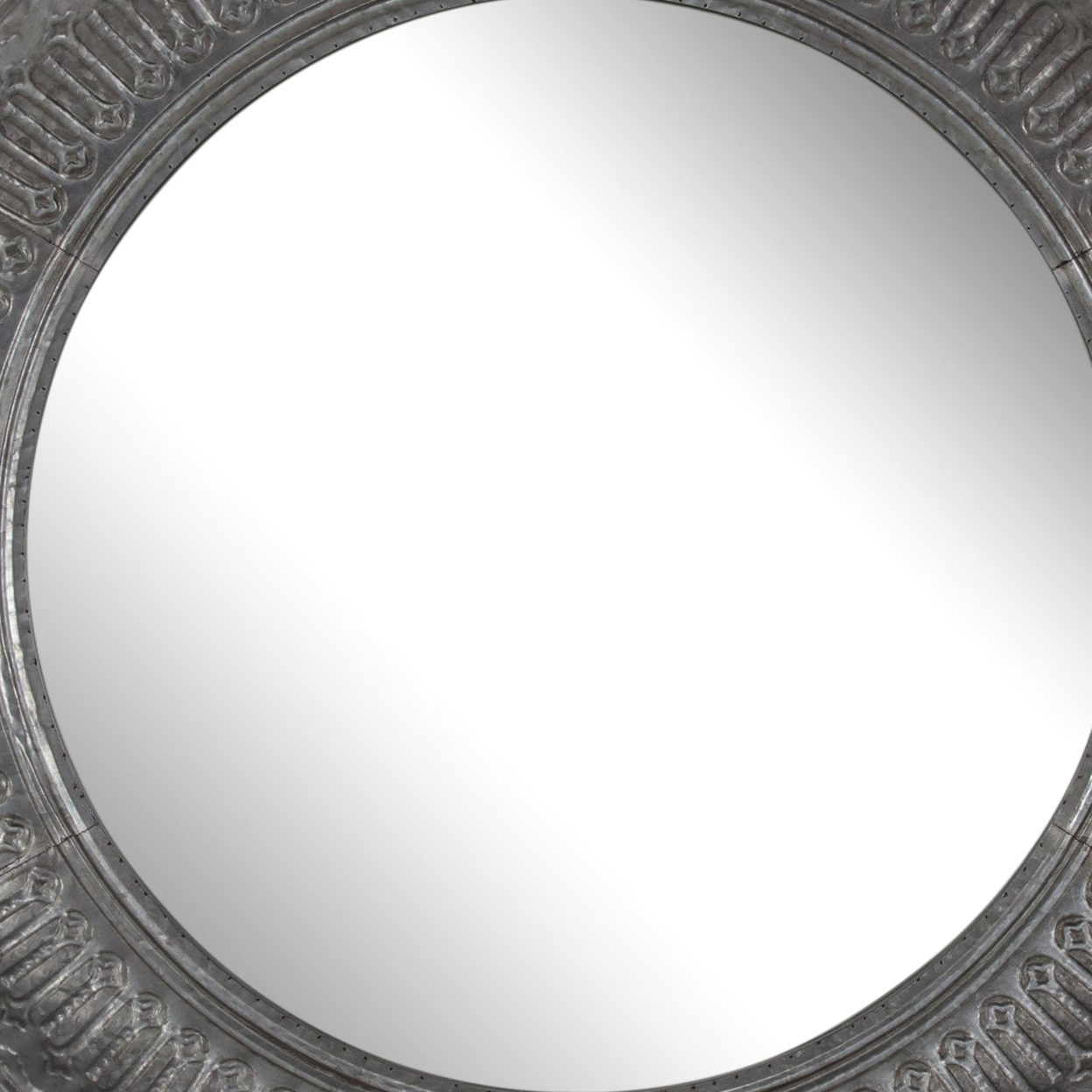 Round Wall Mirror With Thick Embossed Metal Border, Antique Gray- Saltoro Sherpi