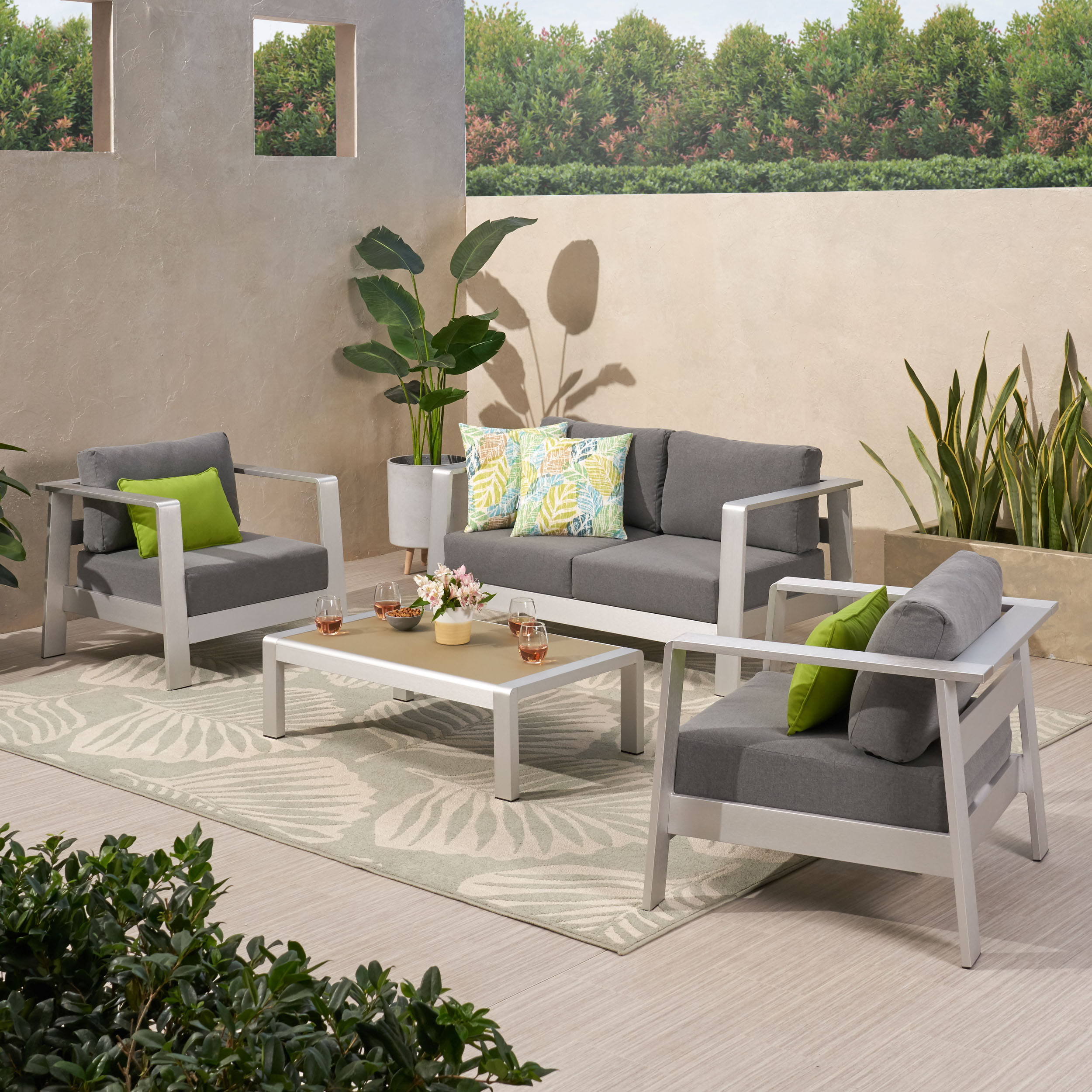 Anna Outdoor 4 Seater Aluminum Club Chair Set With Coffee Table And Loveseat - Silver + Gray