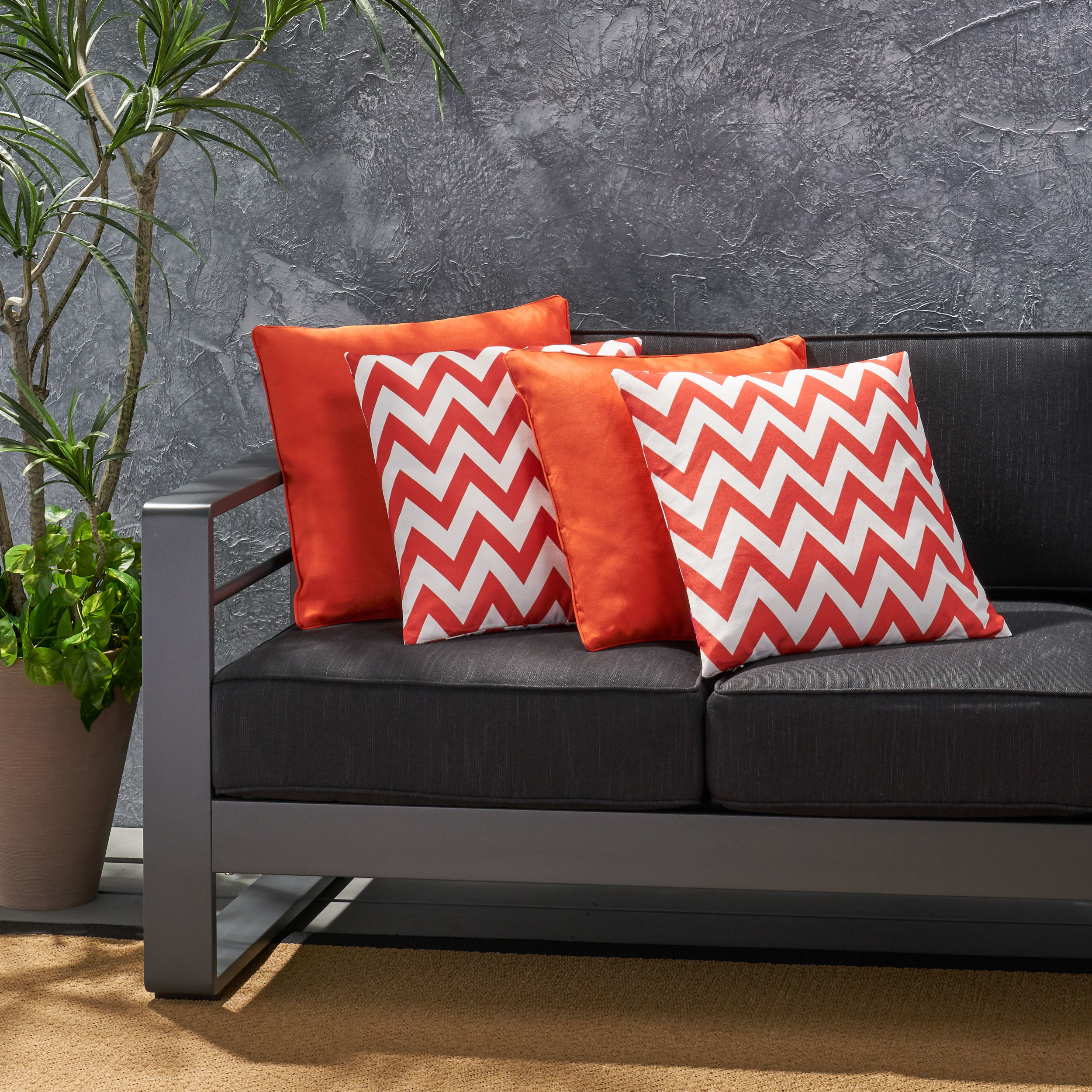 La Jolla Outdoor Striped Water Resistant Square Throw Pillows - Set Of 4 - Orange/White - Zigzag