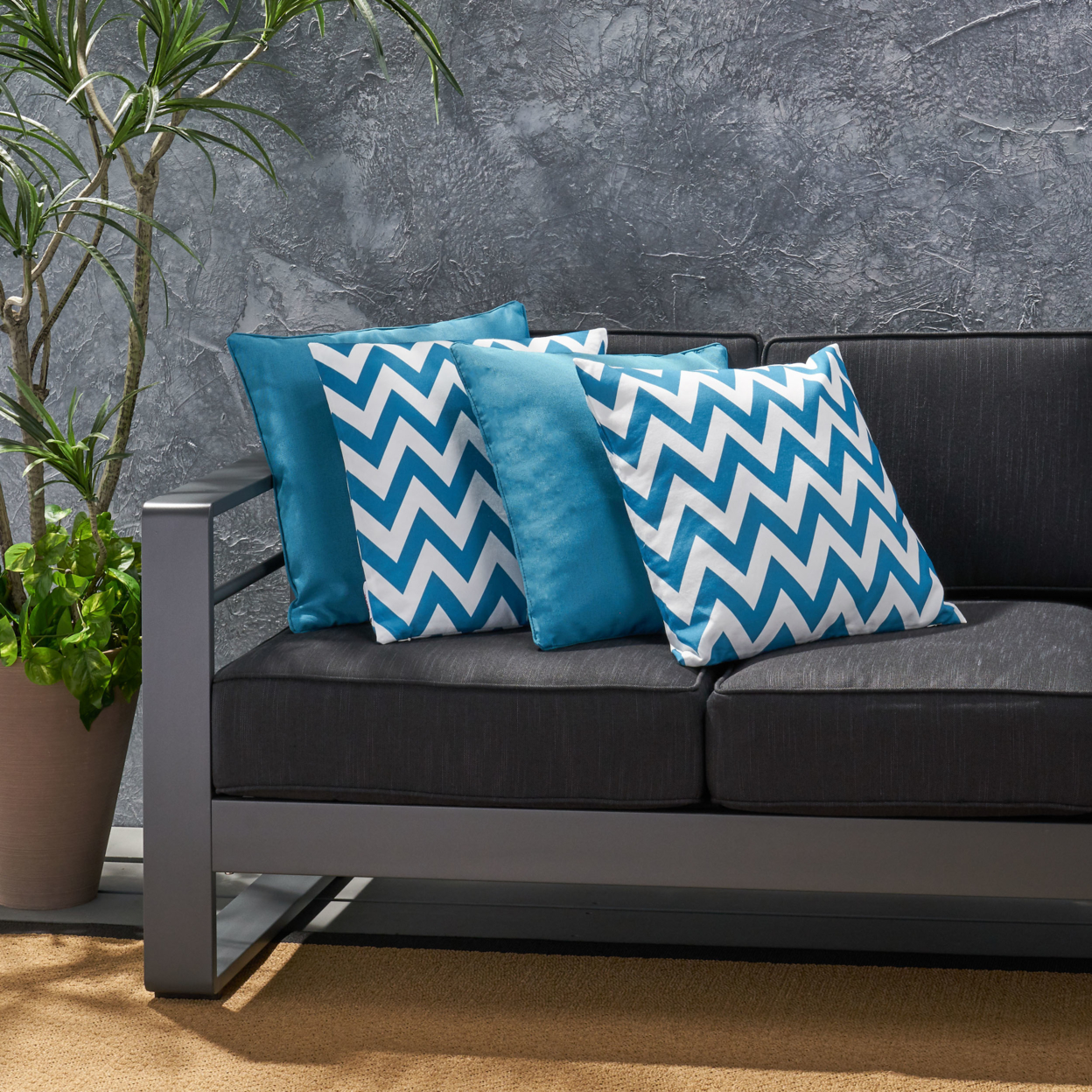 La Jolla Outdoor Striped Water Resistant Square Throw Pillows - Set Of 4 - Dark Teal/White - Zigzag