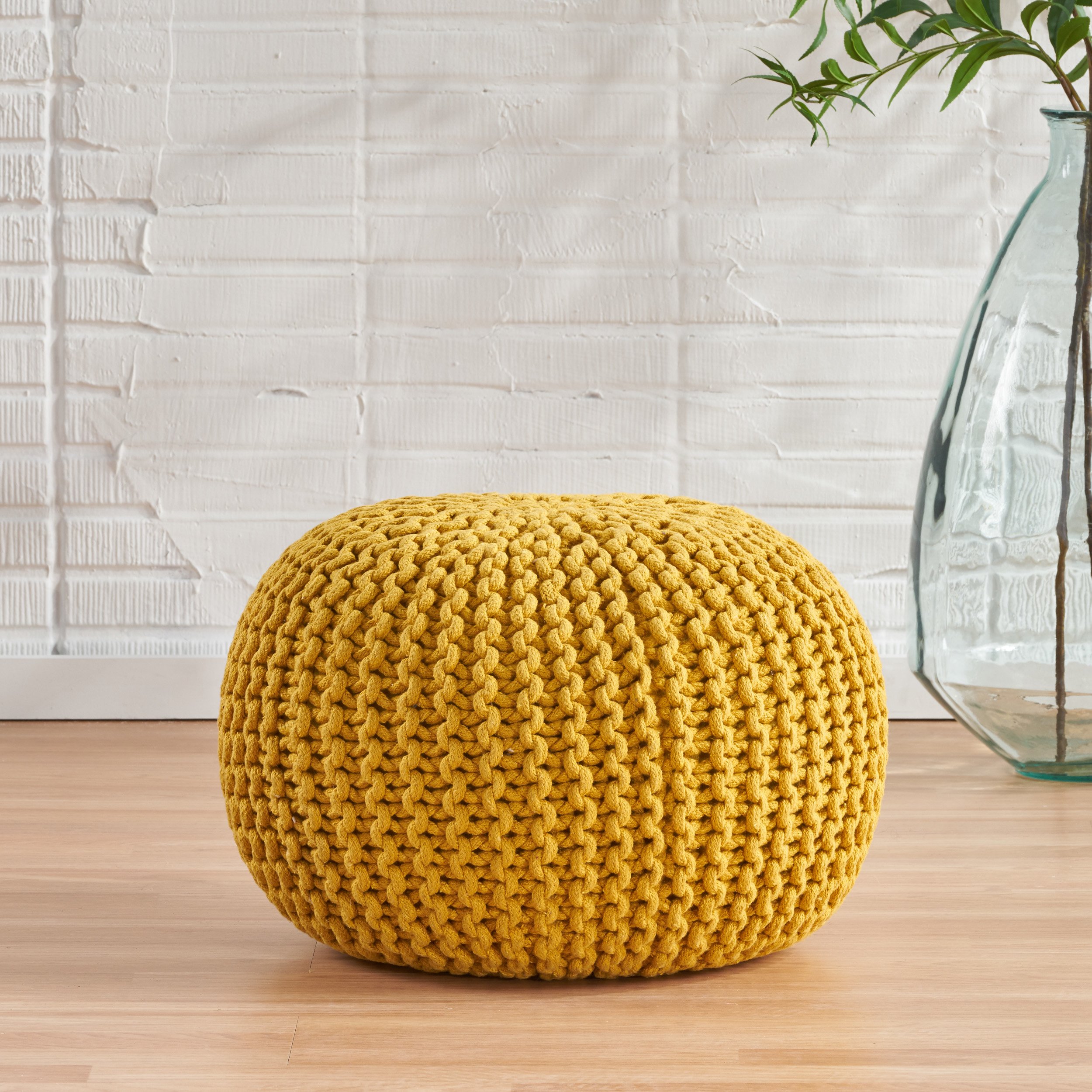 Poona Hand Knitted Artisan Pouf Ottomans - Yellow