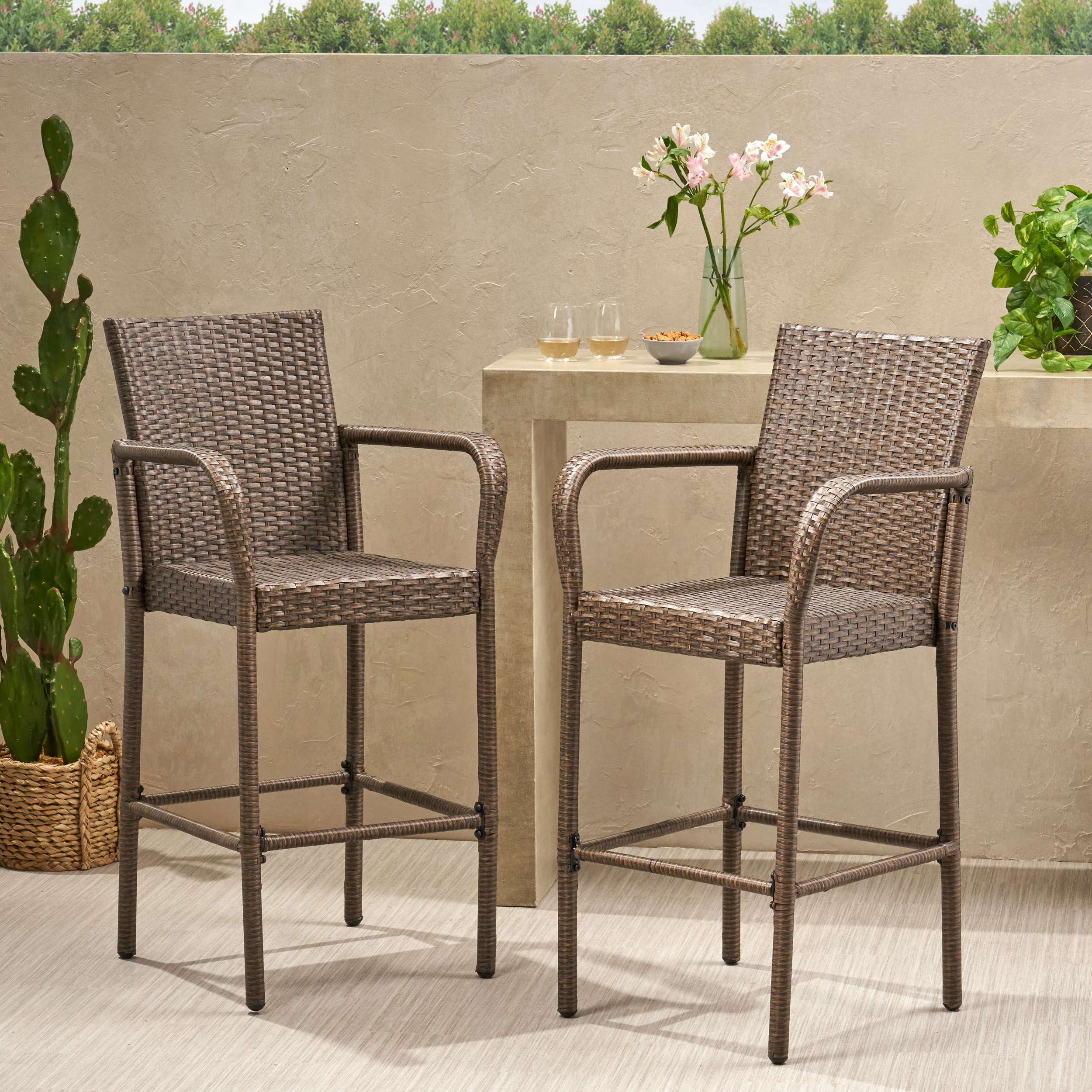 Conquista 30-Inch Outdoor Mix Mocha Wicker Barstool - Brown, Set Of 2