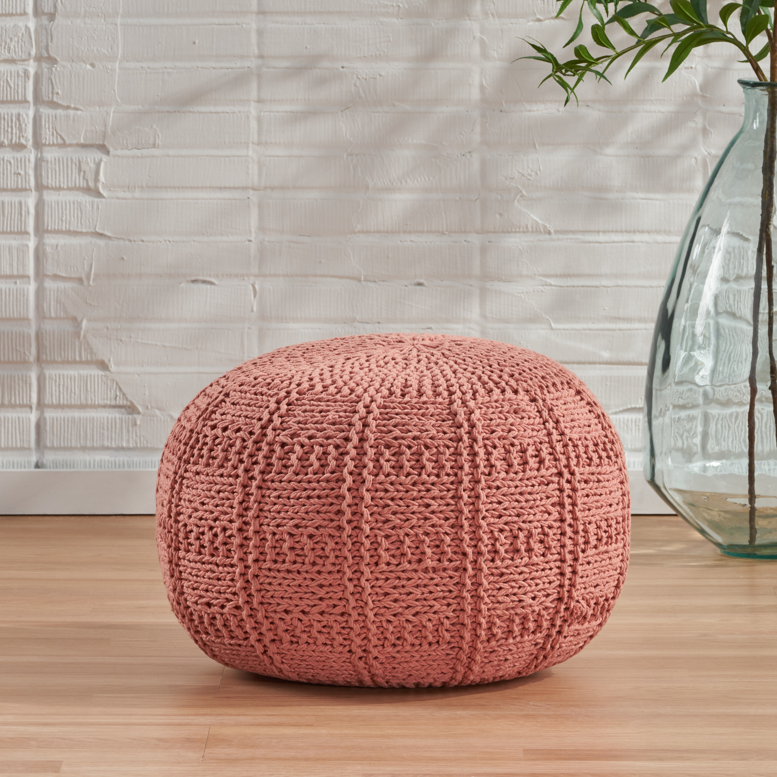 Valentine Intricate Hand Knit Fabric Pouf - Coral