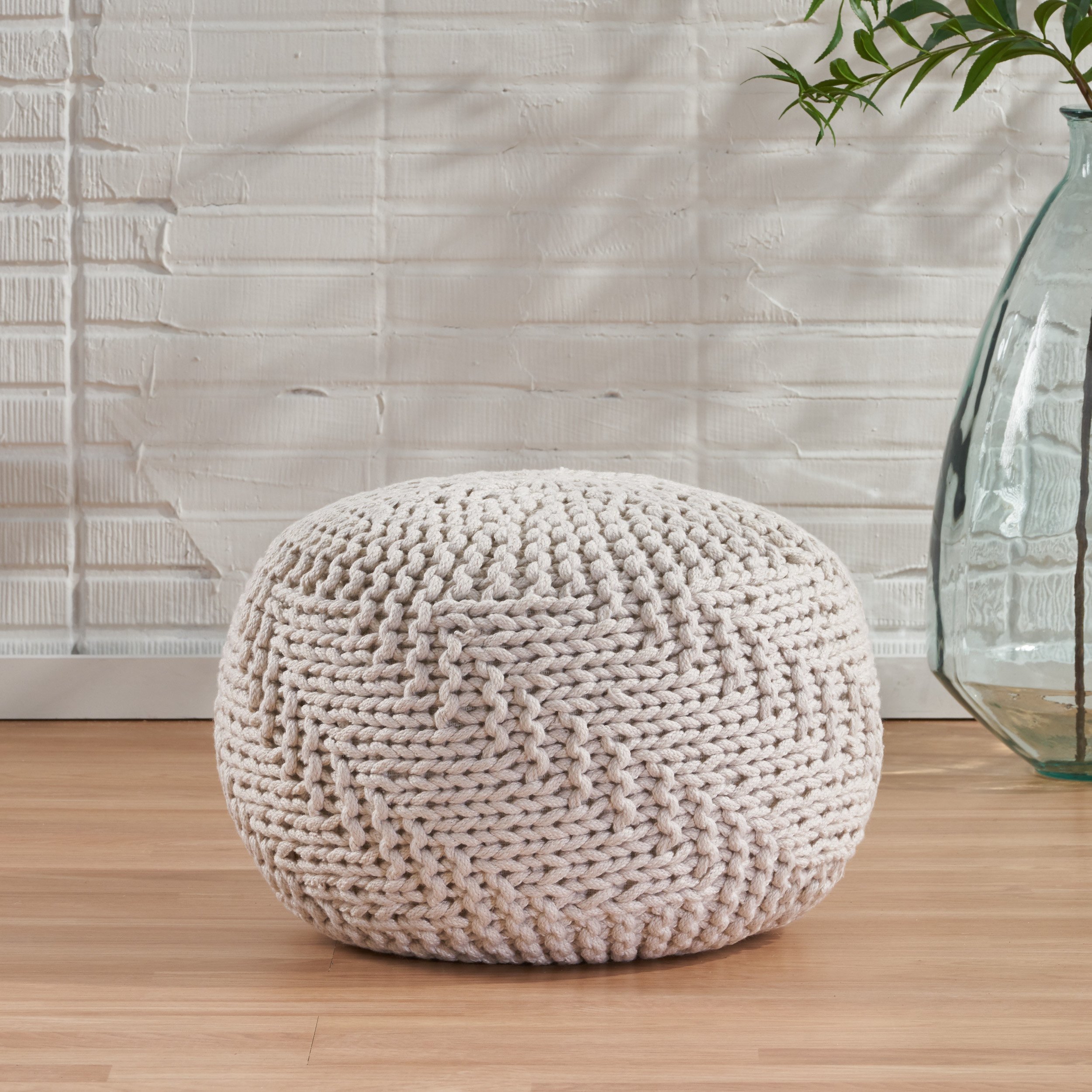 Haley Indoor Handcrafted Modern Fabric Weave Pouf - Ivory