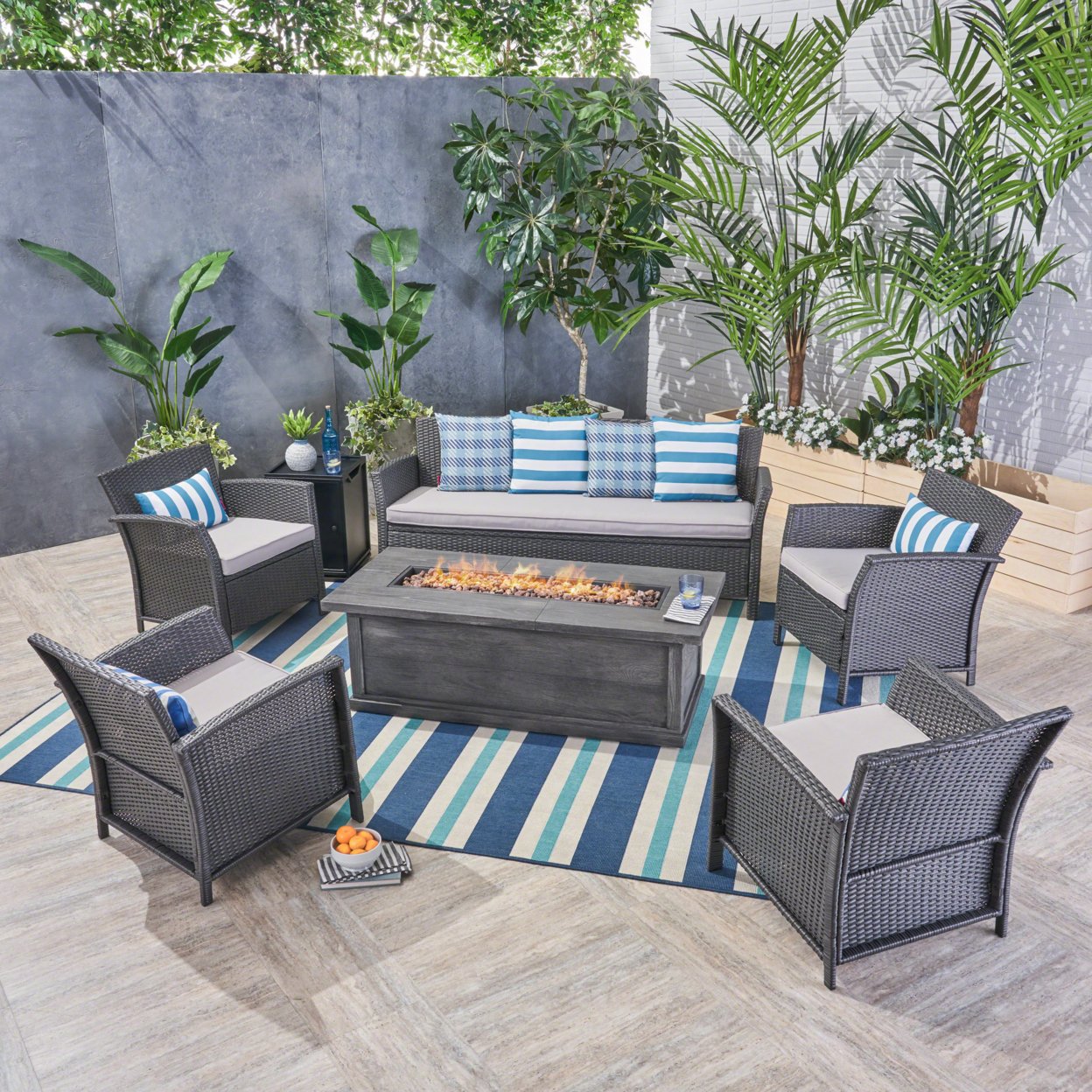 Mason Outdoor 7 Seater Wicker Chat Set With Fire Pit - Gray + Silver