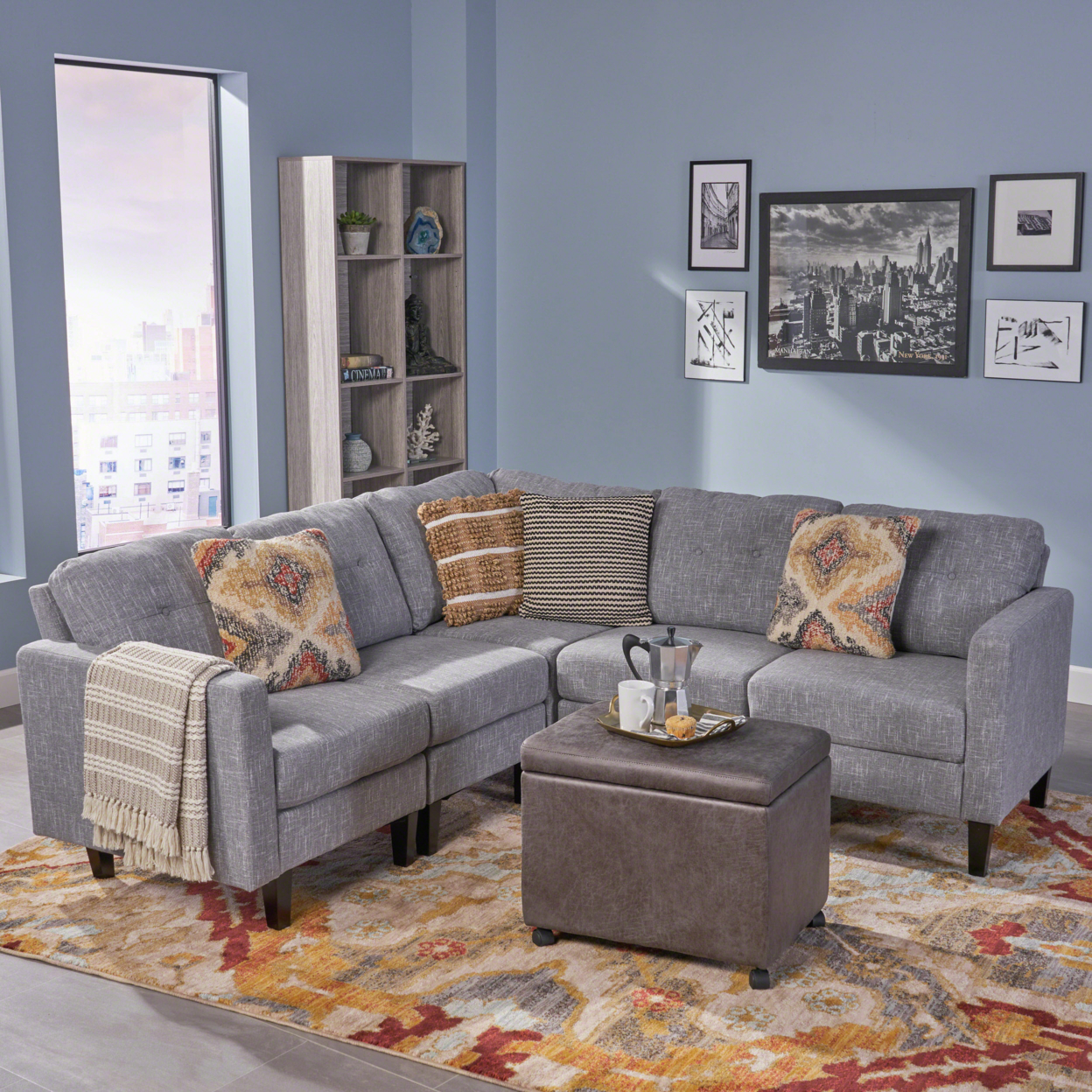 Marsh Mid Century Modern Sectional Sofa Set - Gray Tweed + Dark Brown