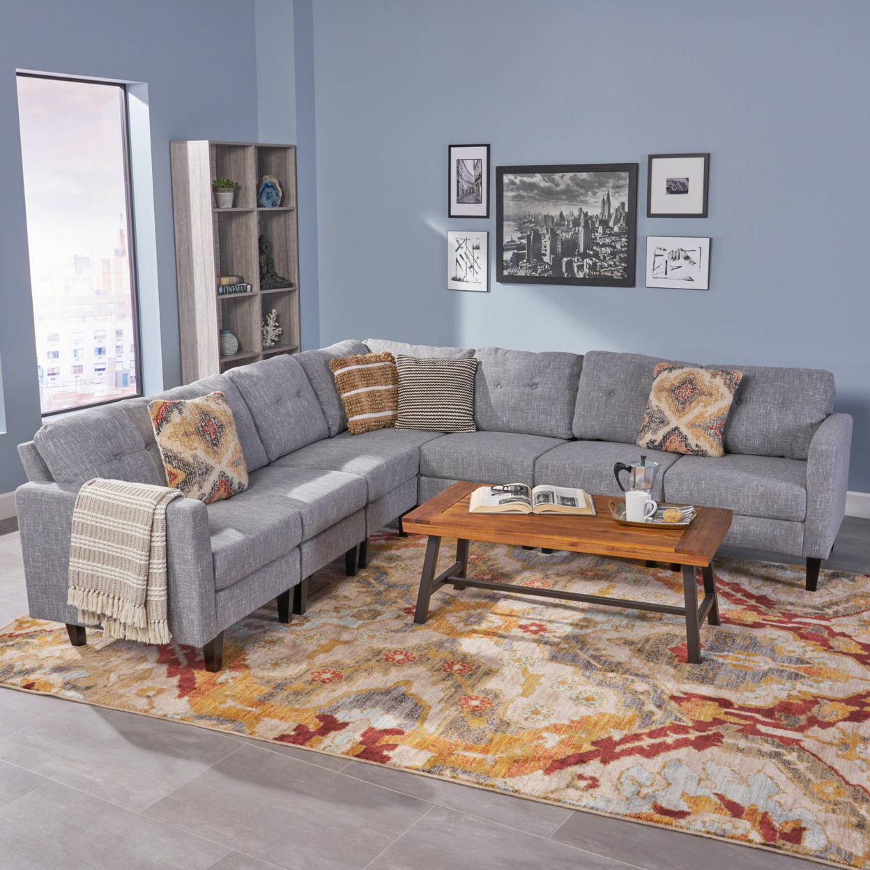 Marsh Mid Century Modern Extended Sectional Sofa Set - Gray Tweed + Dark Brown