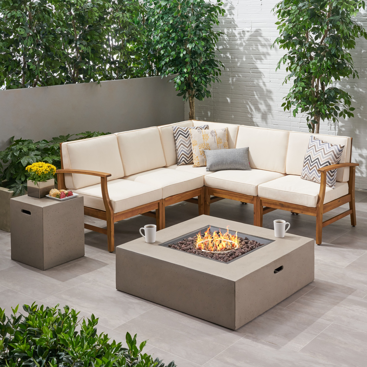 Janice Outdoor 6 Seater Acacia Wood Sofa Set With Square Fire Table And Tank - Teak + Creme + Light Gray