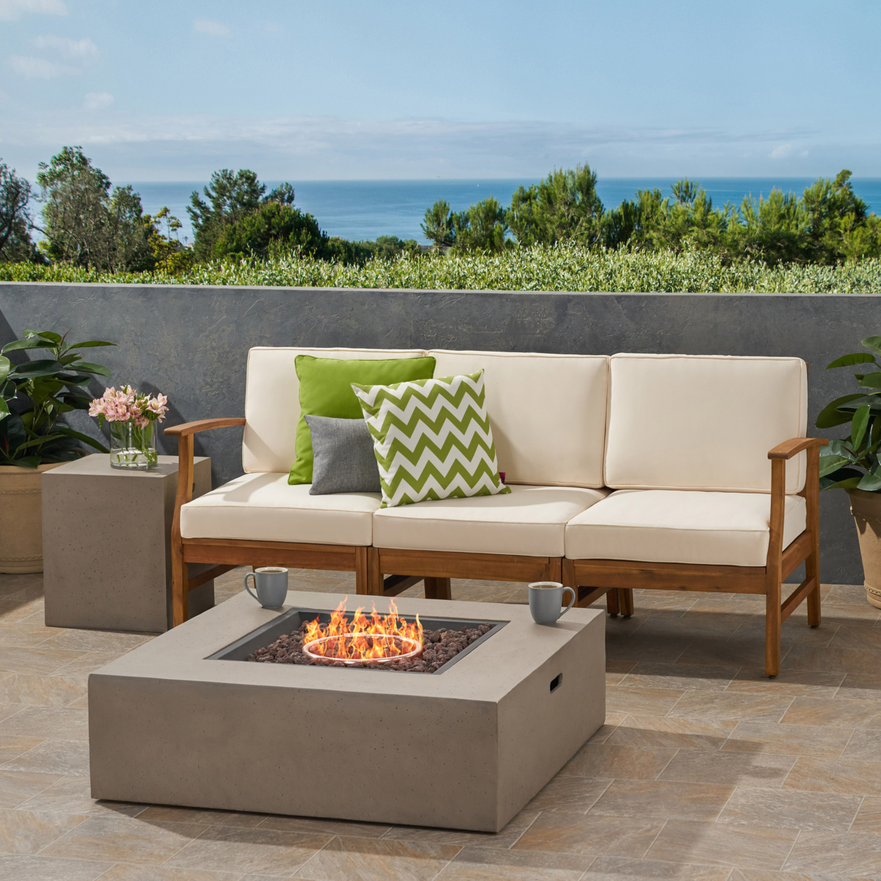Sydney Outdoor 3 Seater Acacia Wood Sofa Set With Rectangular Fire Table And Tank Holder - Teak + Creme + Light Gray