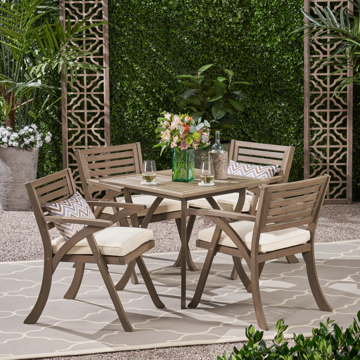 Deandra Outdoor 4-Seater Acacia Wood Dining Set With Square Table - Gray Finish + Creme