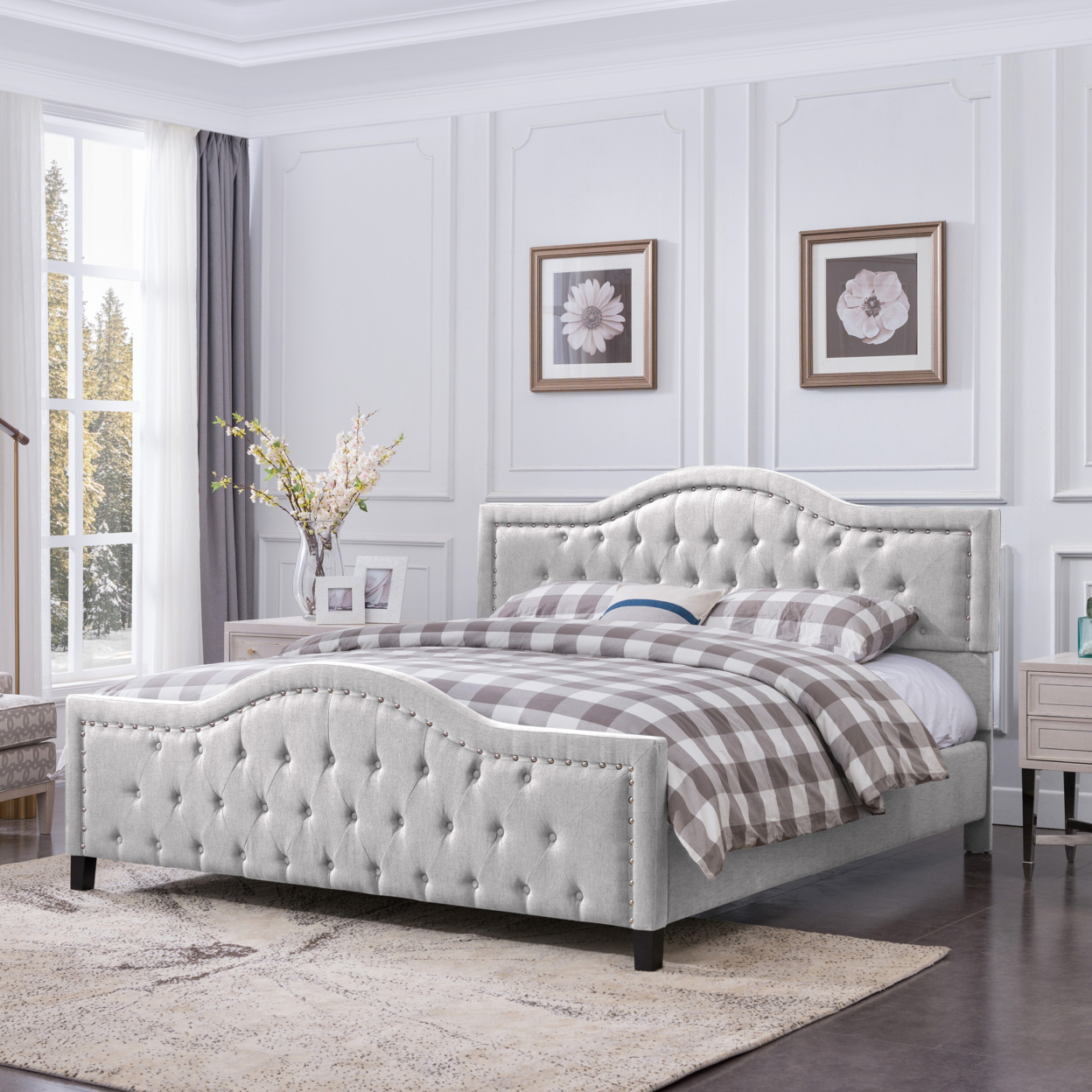 Mason Fully-Upholstered Traditional King-Sized Bed Frame - Light Gray + Dark Brown