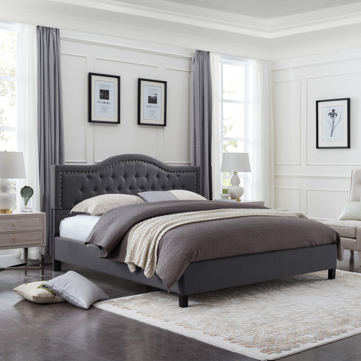 Margaret Fully-Upholstered Traditional King-Sized Bed Frame - Dark Gray + Dark Brown