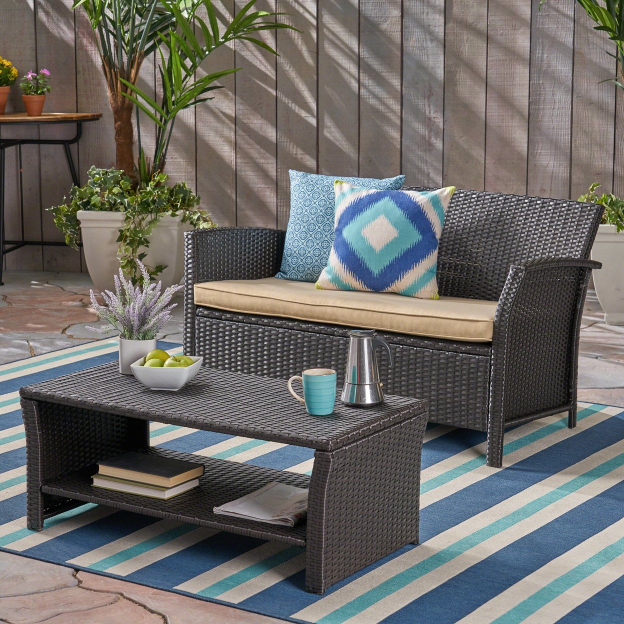 Lucia Outdoor Wicker Loveseat With Coffee Table - Brown + Tan