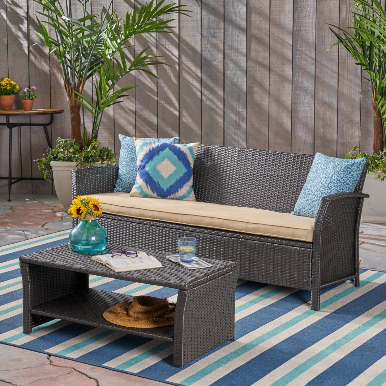Lucia Outdoor Wicker 3-Seater Sofa With Coffee Table - Brown + Tan