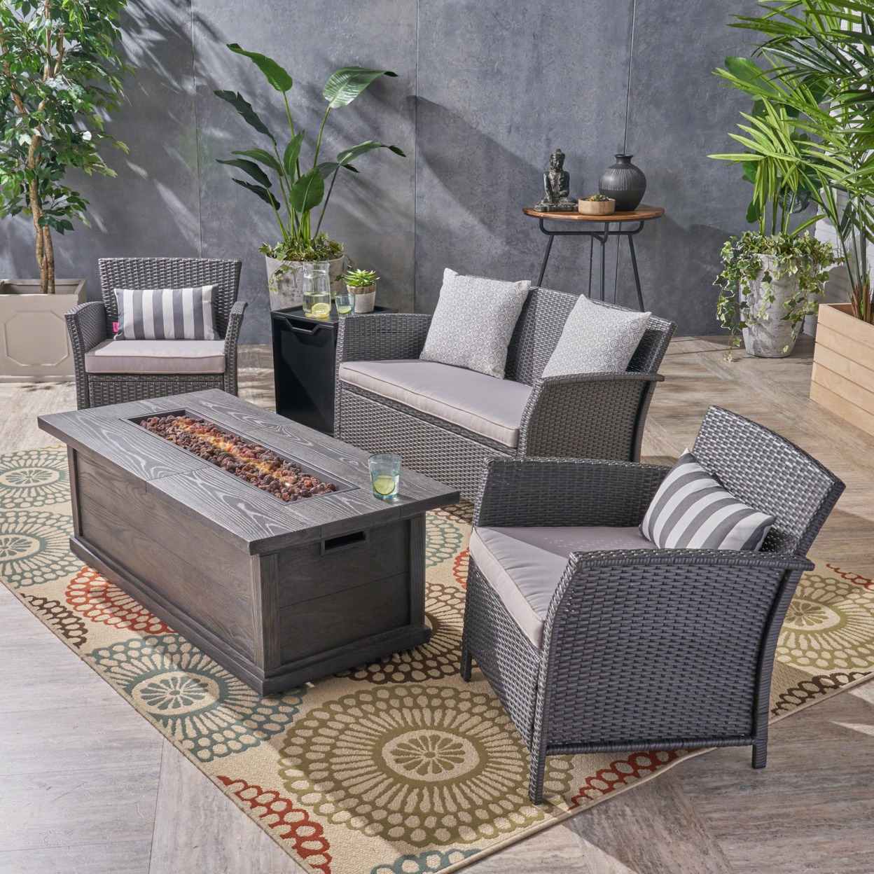 Kaitlyn Outdoor 4 Seater Wicker Chat Set With Fire Pit